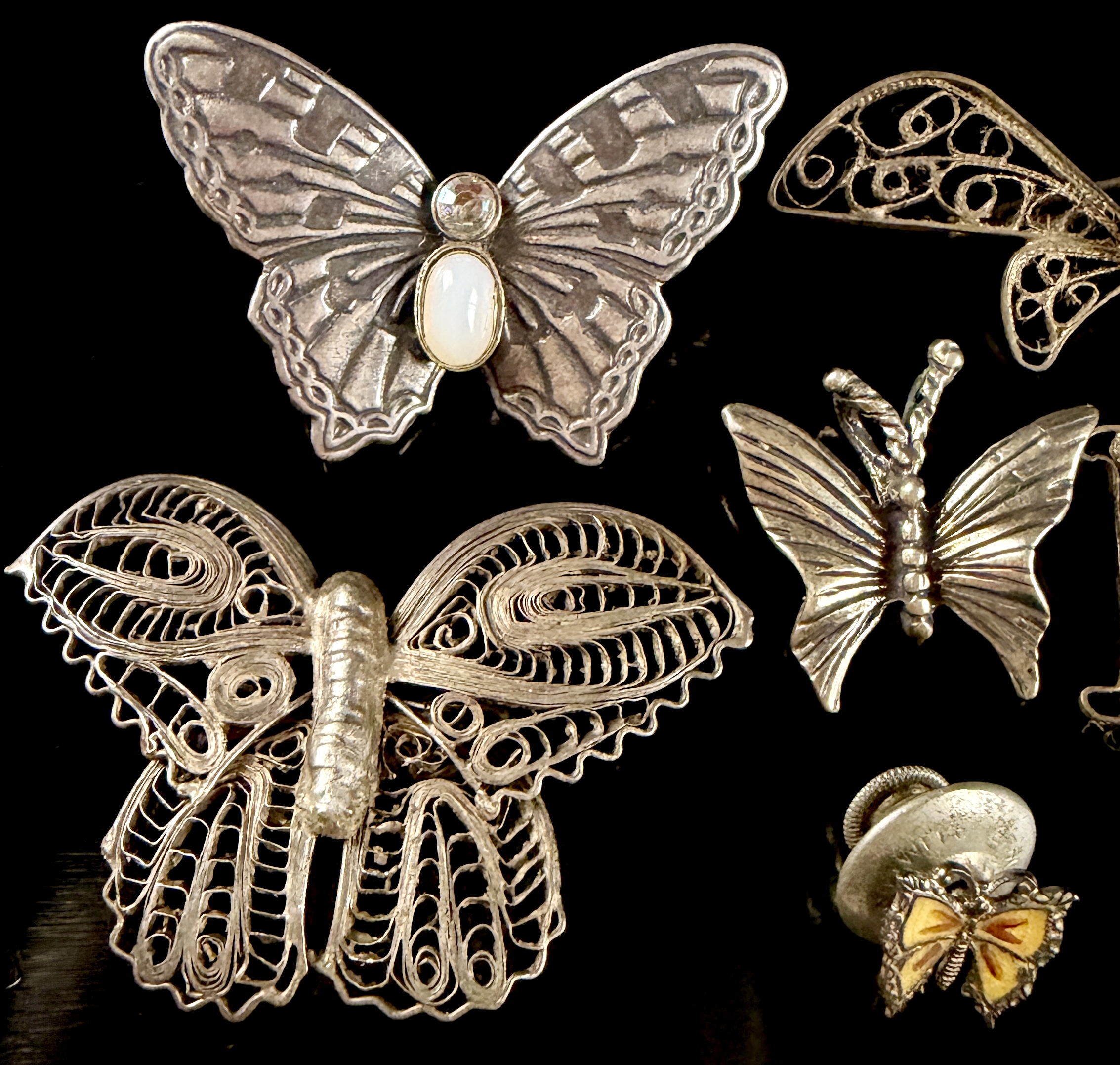 Six Vintage Butterfly Brooches and Pins including Sterling Silver and Filigree