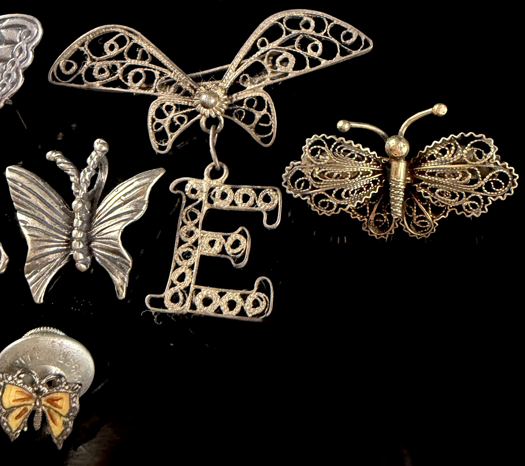 Six Vintage Butterfly Brooches and Pins including Sterling Silver and Filigree