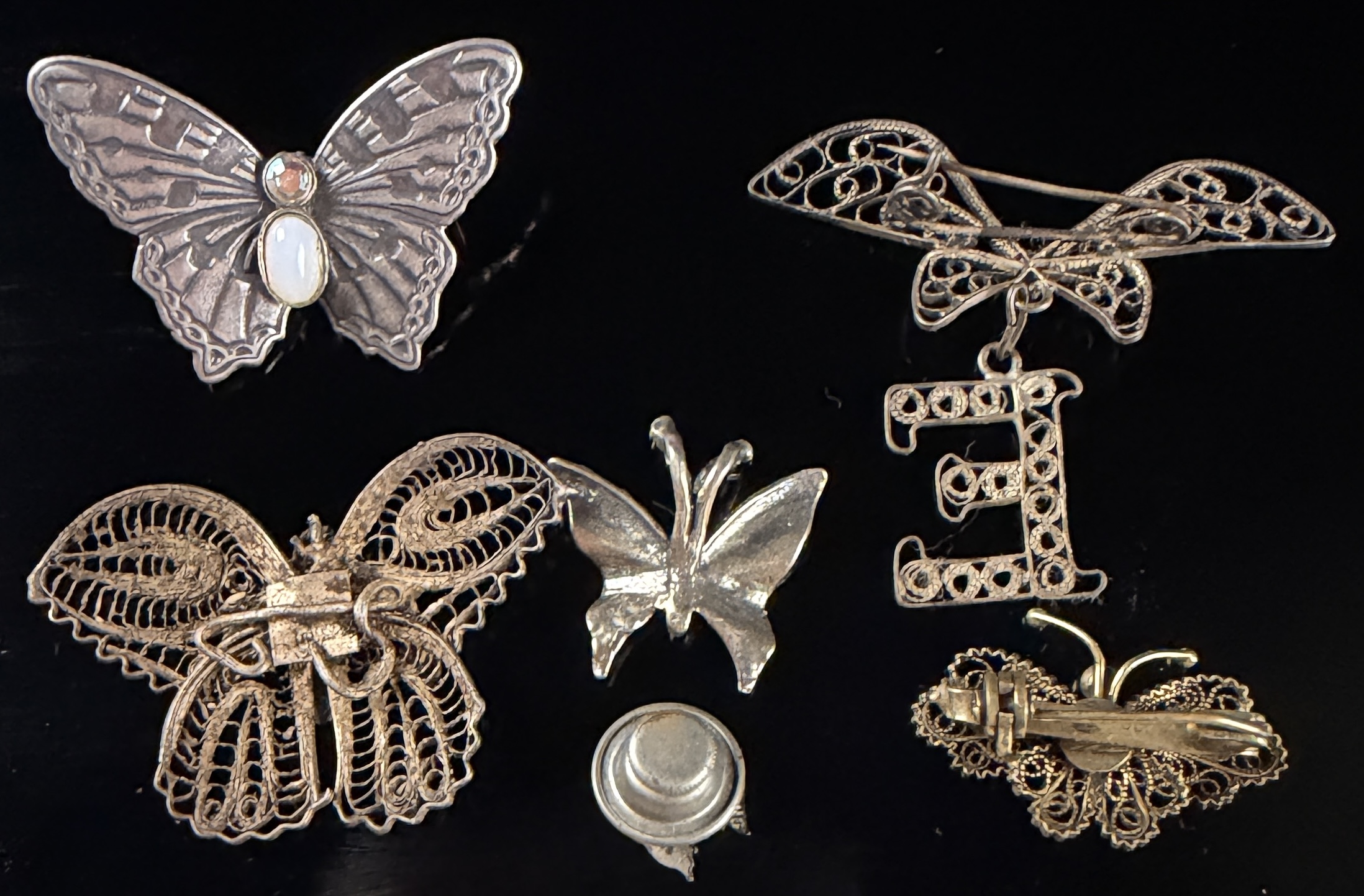 Six Vintage Butterfly Brooches and Pins including Sterling Silver and Filigree