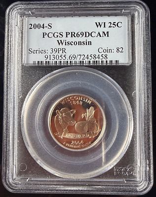 2004-S US Wisconsin State Quarter PCGS PR69DCAM. This 2004-S US Wisconsin state quarter is a 
