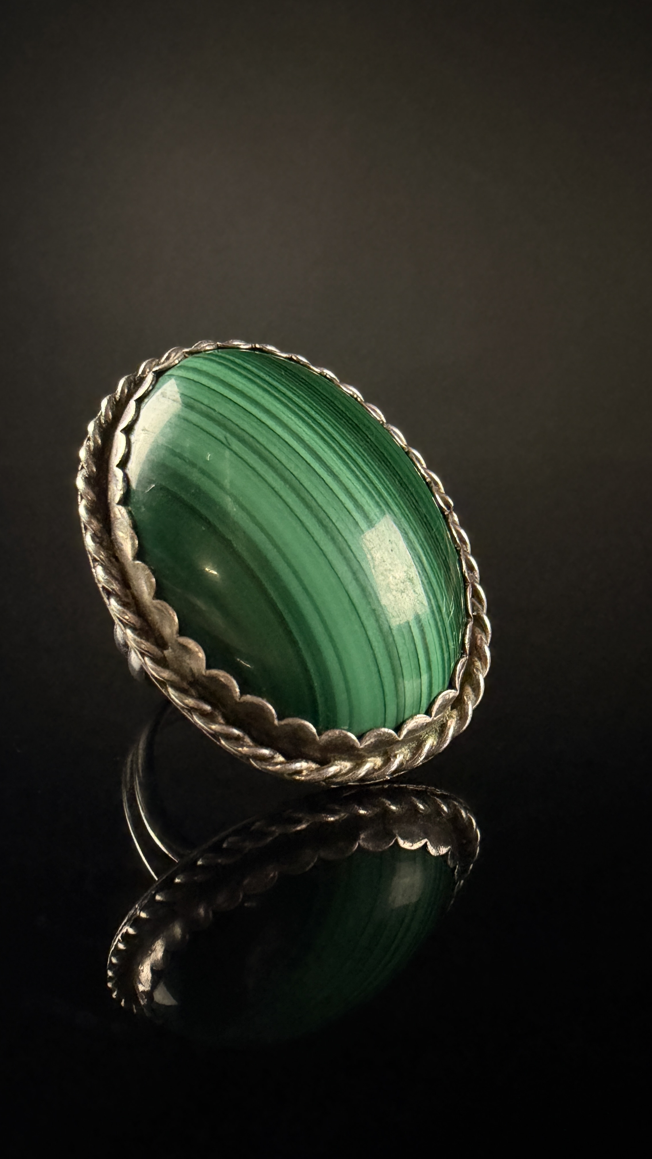 Navajo Sterling Silver and Malachite Statement Ring by Larry Temick