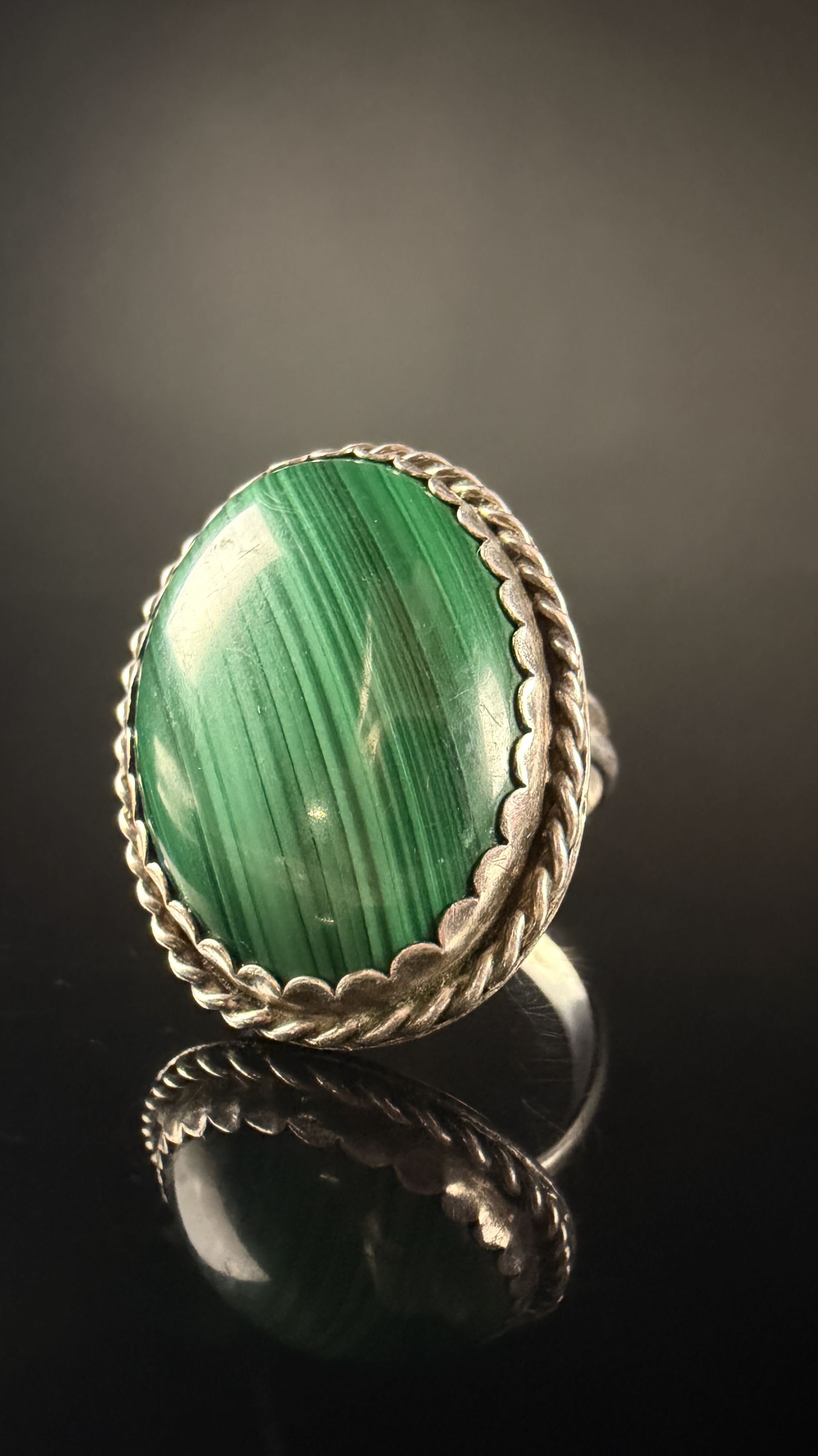 Navajo Sterling Silver and Malachite Statement Ring by Larry Temick