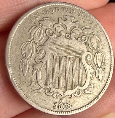 1868 US Shield Nickel, 5 Cents. 1868 US Shield Nickel. Composed of copper-nickel alloy. The 