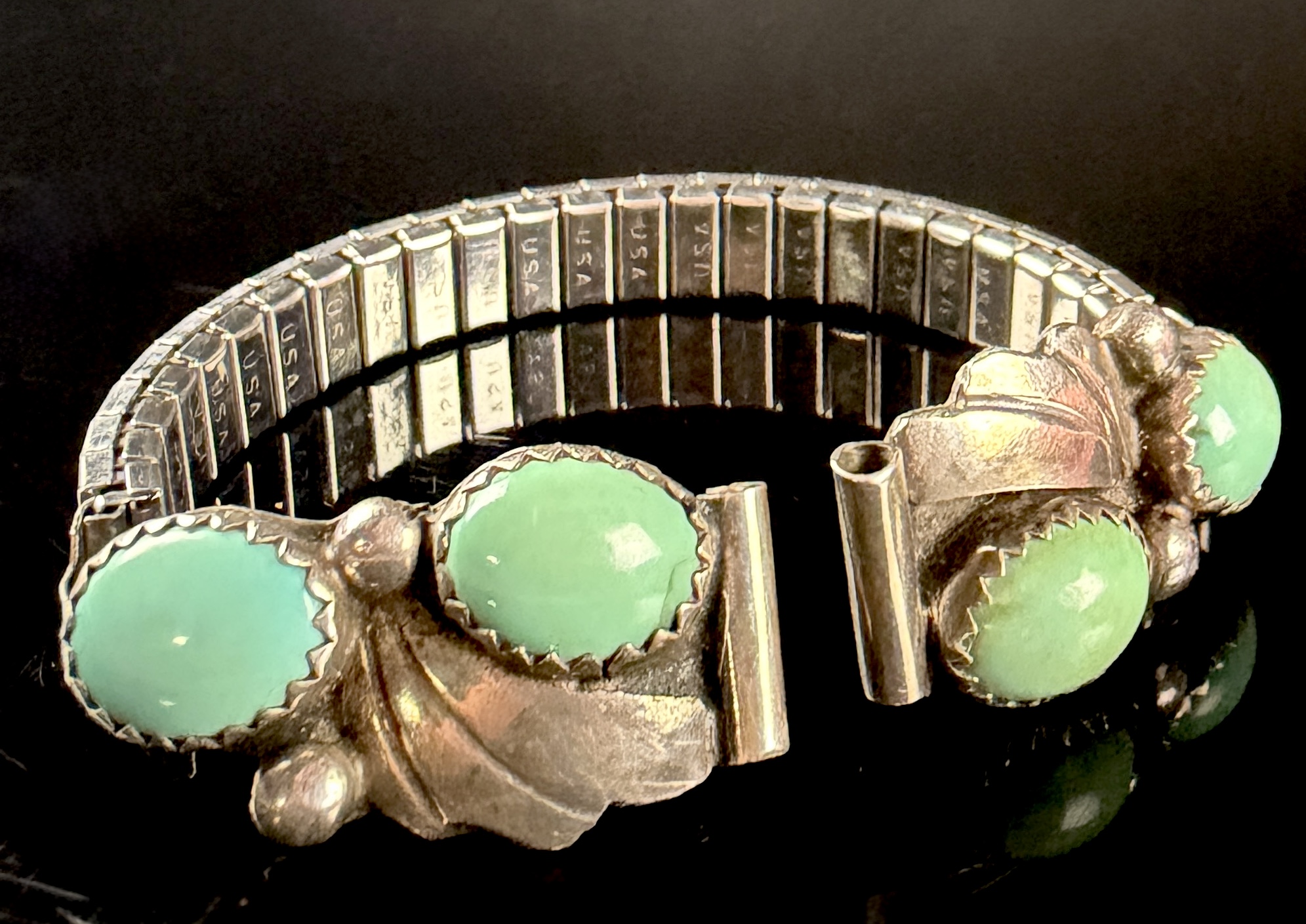 Southwestern Style Silver-Tone Expansion Bracelet with Light Green Cabochons