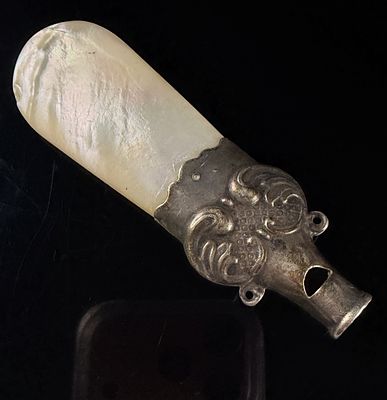 Antique Victorian Style Sterling Silver Whistle and Mother of Pearl Baby Rattle Teether. This 