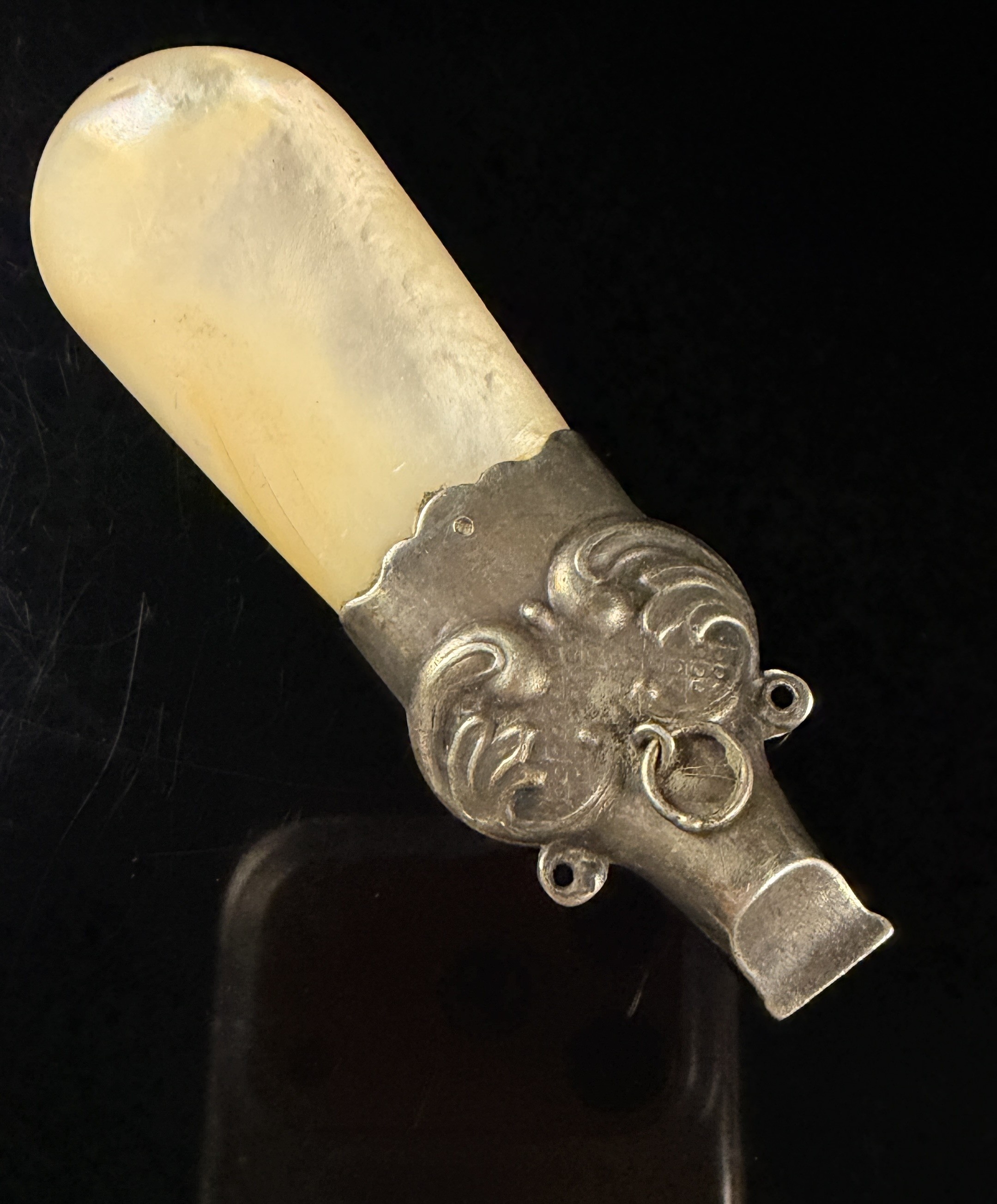 Antique Victorian Style Sterling Silver Whistle and Mother of Pearl Baby Rattle Teether