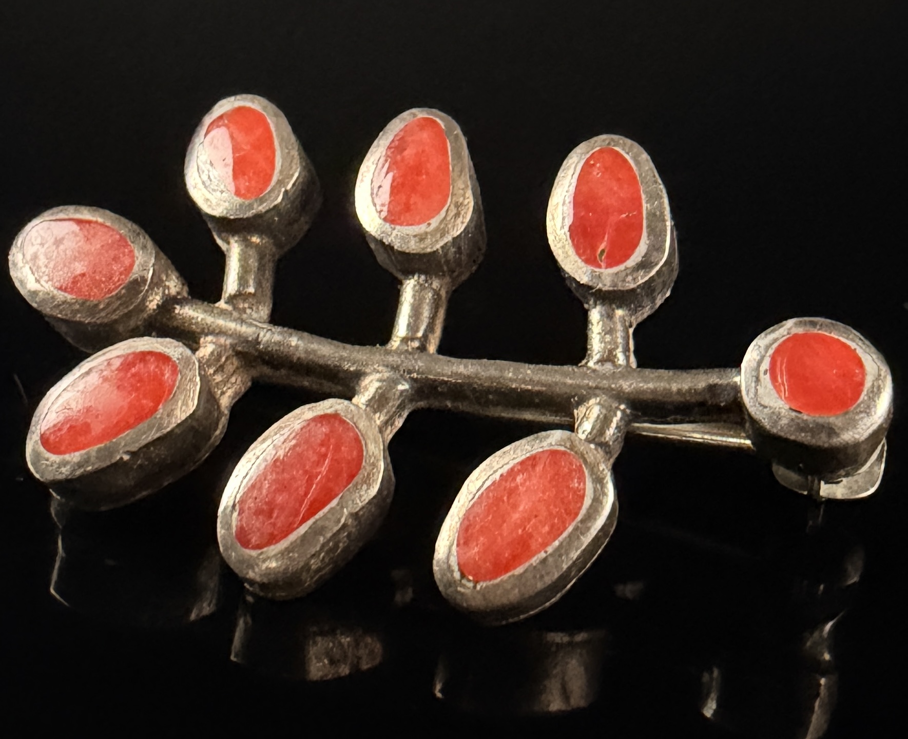 Vintage Silver Branch Form Brooch with Seven Red Coral Cabochons