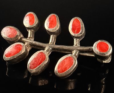Vintage Silver Branch Form Brooch with Seven Red Coral Cabochons. A vintage stylized branch-form 