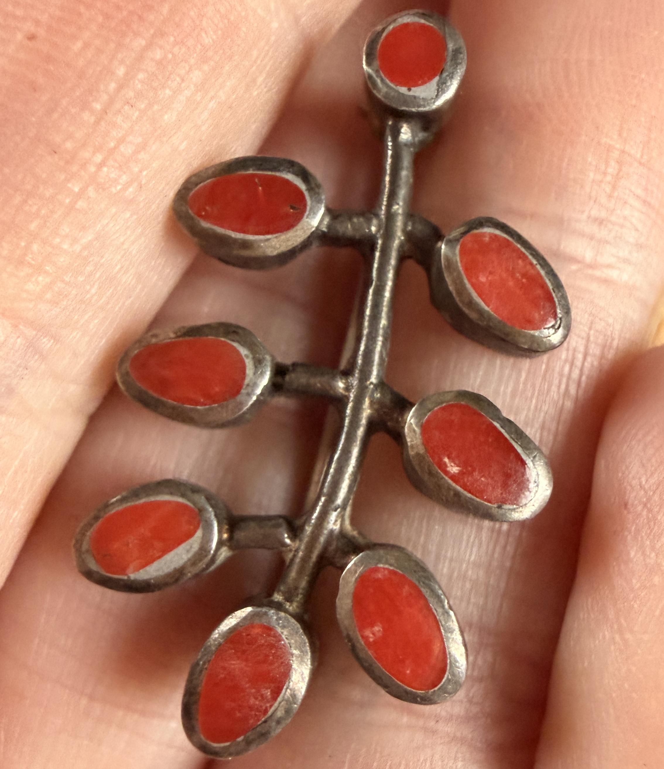 Vintage Silver Branch Form Brooch with Seven Red Coral Cabochons
