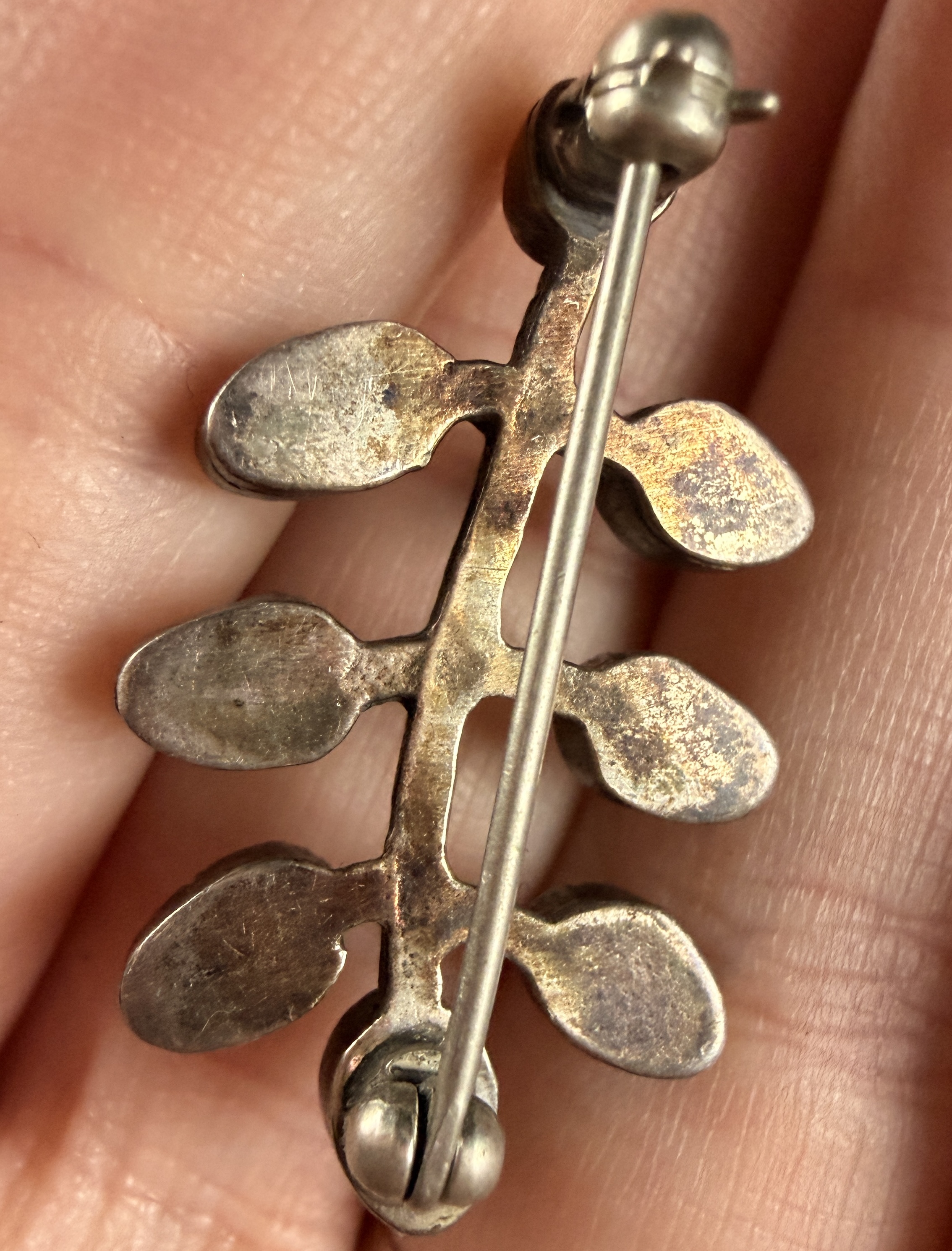 Vintage Silver Branch Form Brooch with Seven Red Coral Cabochons
