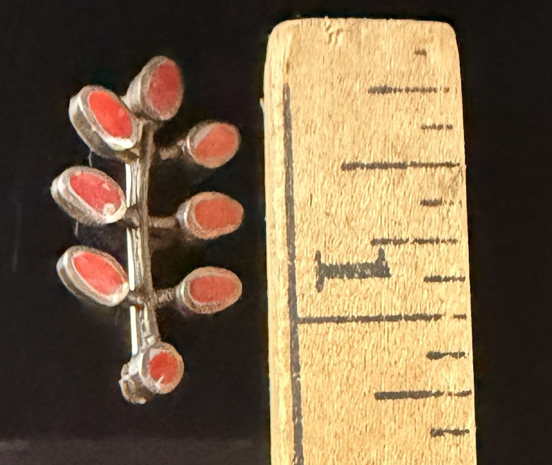 Vintage Silver Branch Form Brooch with Seven Red Coral Cabochons
