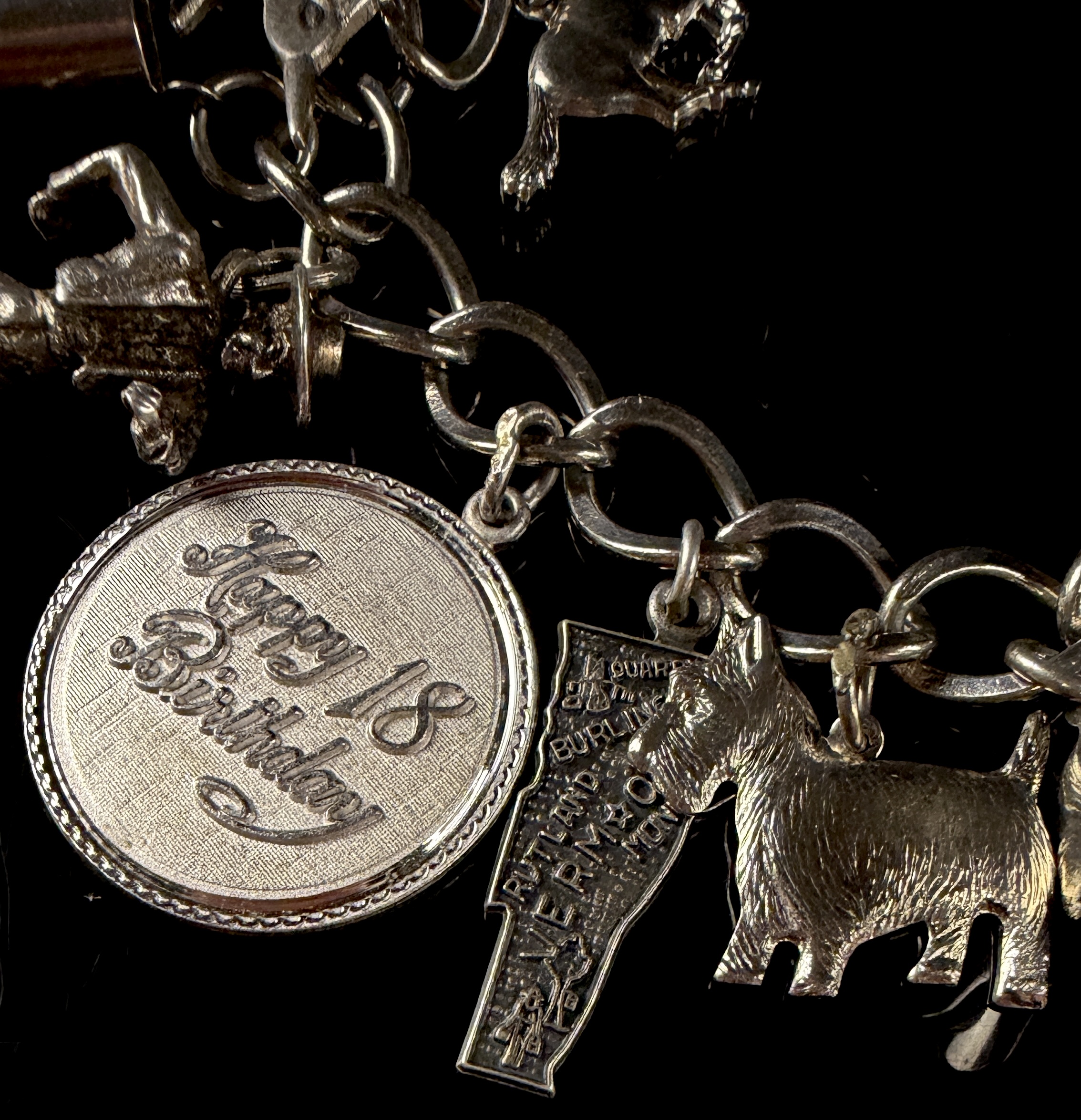 Vintage Sterling Silver Curb Link Bracelet with 18 Assorted Charms