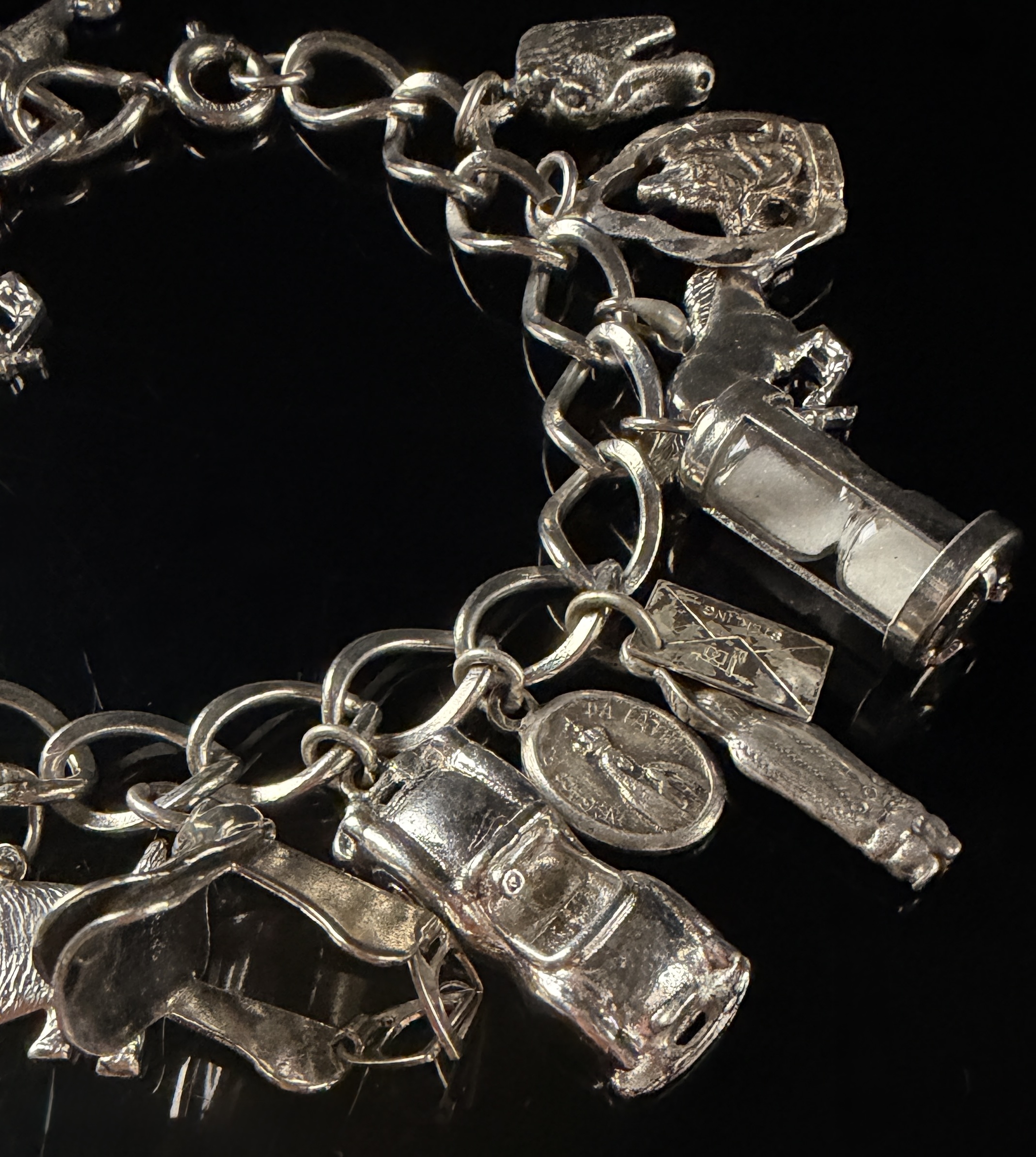 Vintage Sterling Silver Curb Link Bracelet with 18 Assorted Charms