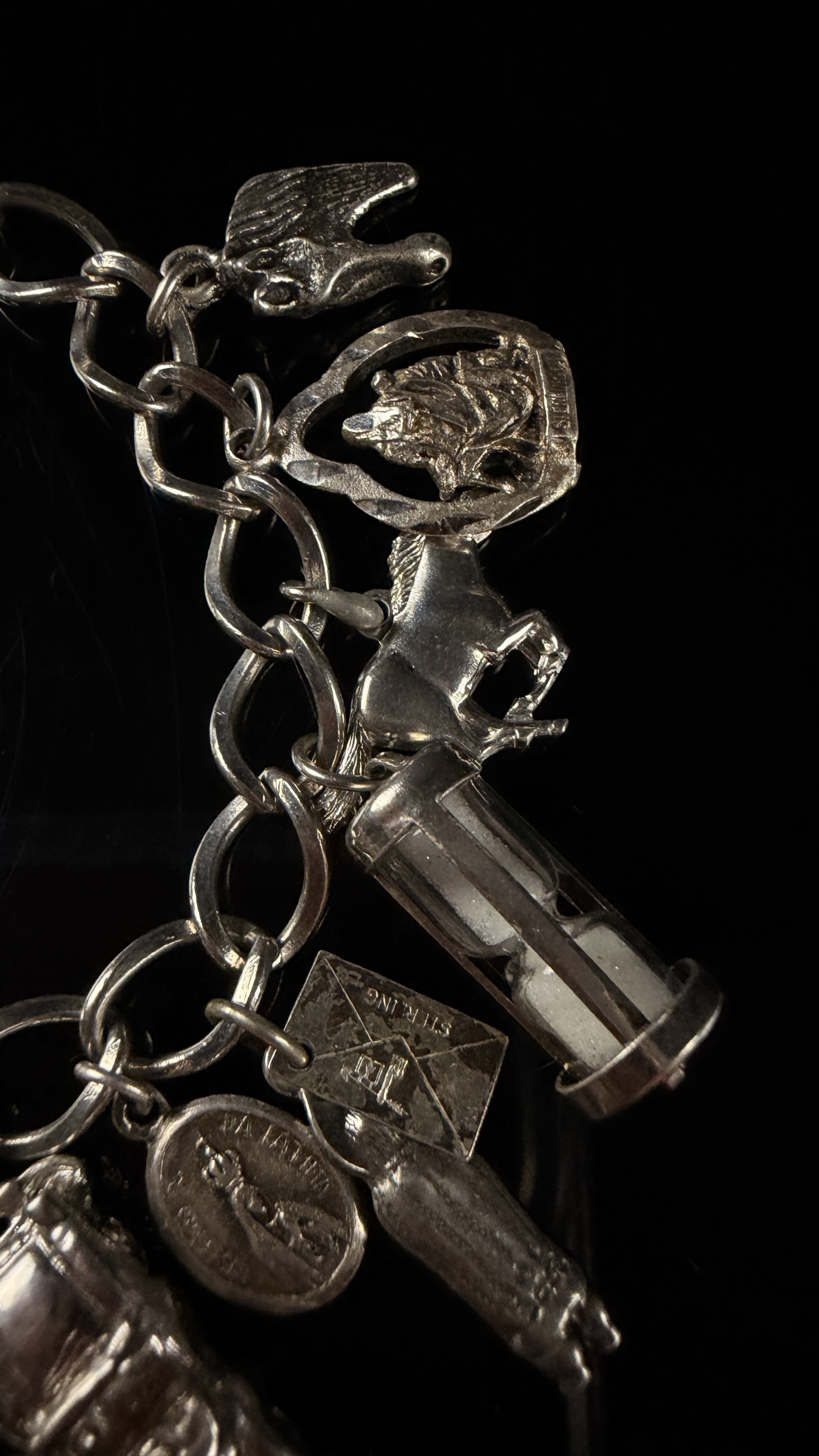 Vintage Sterling Silver Curb Link Bracelet with 18 Assorted Charms