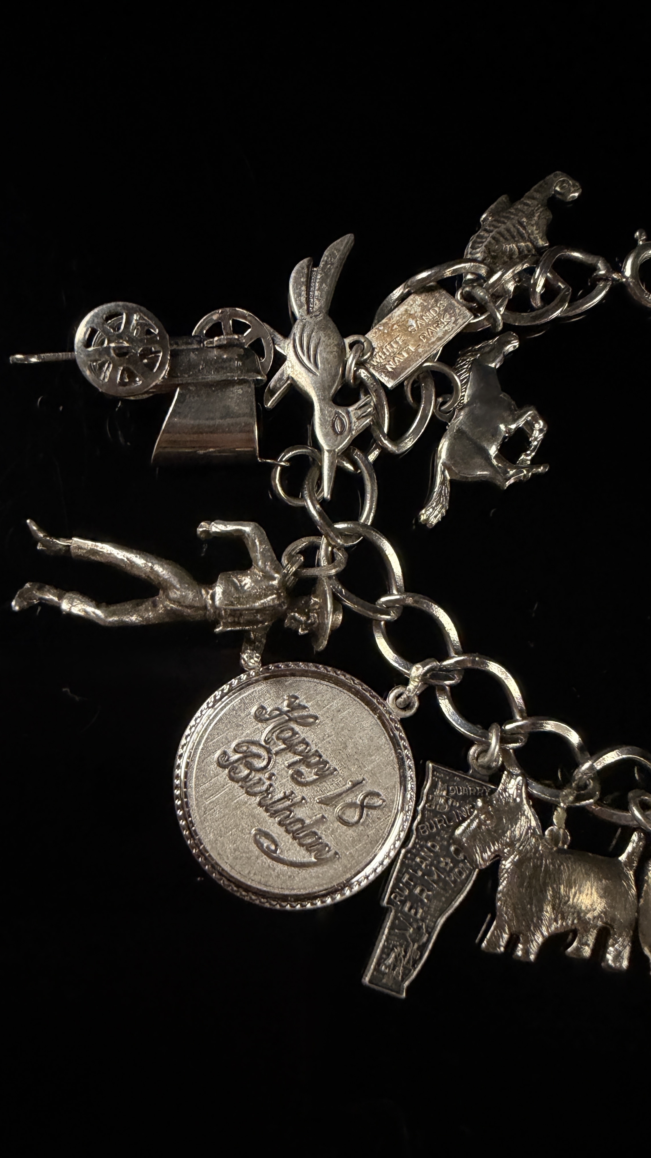 Vintage Sterling Silver Curb Link Bracelet with 18 Assorted Charms