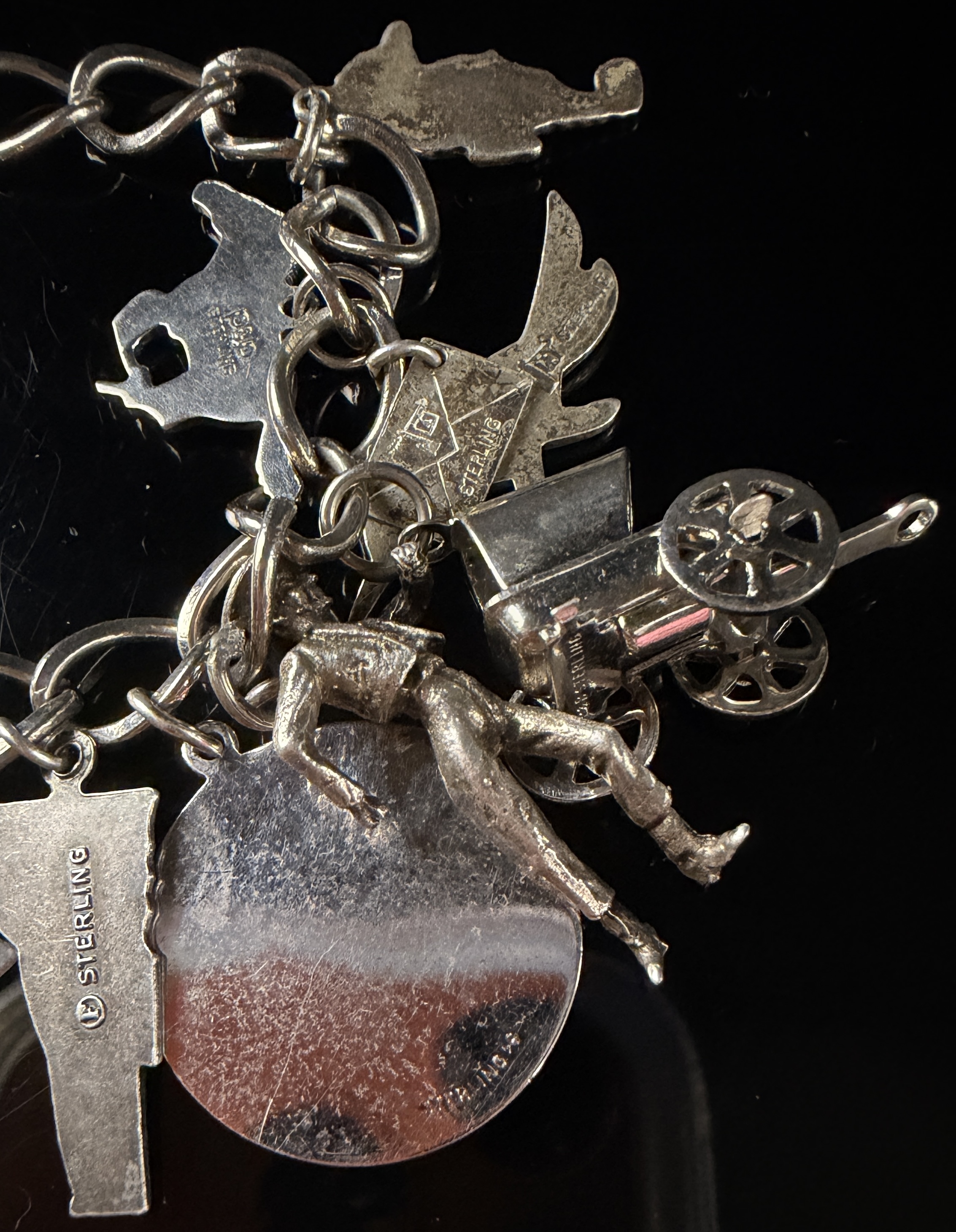 Vintage Sterling Silver Curb Link Bracelet with 18 Assorted Charms