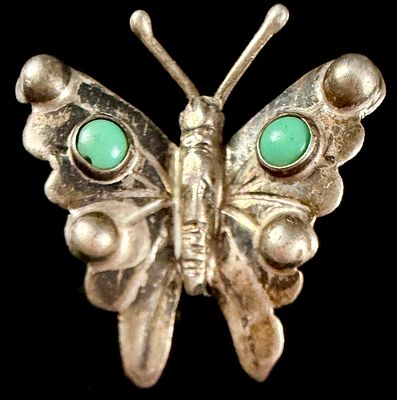 Vintage Mexican Silver and Turquoise Butterfly Brooch. This vintage silver brooch is designed in 