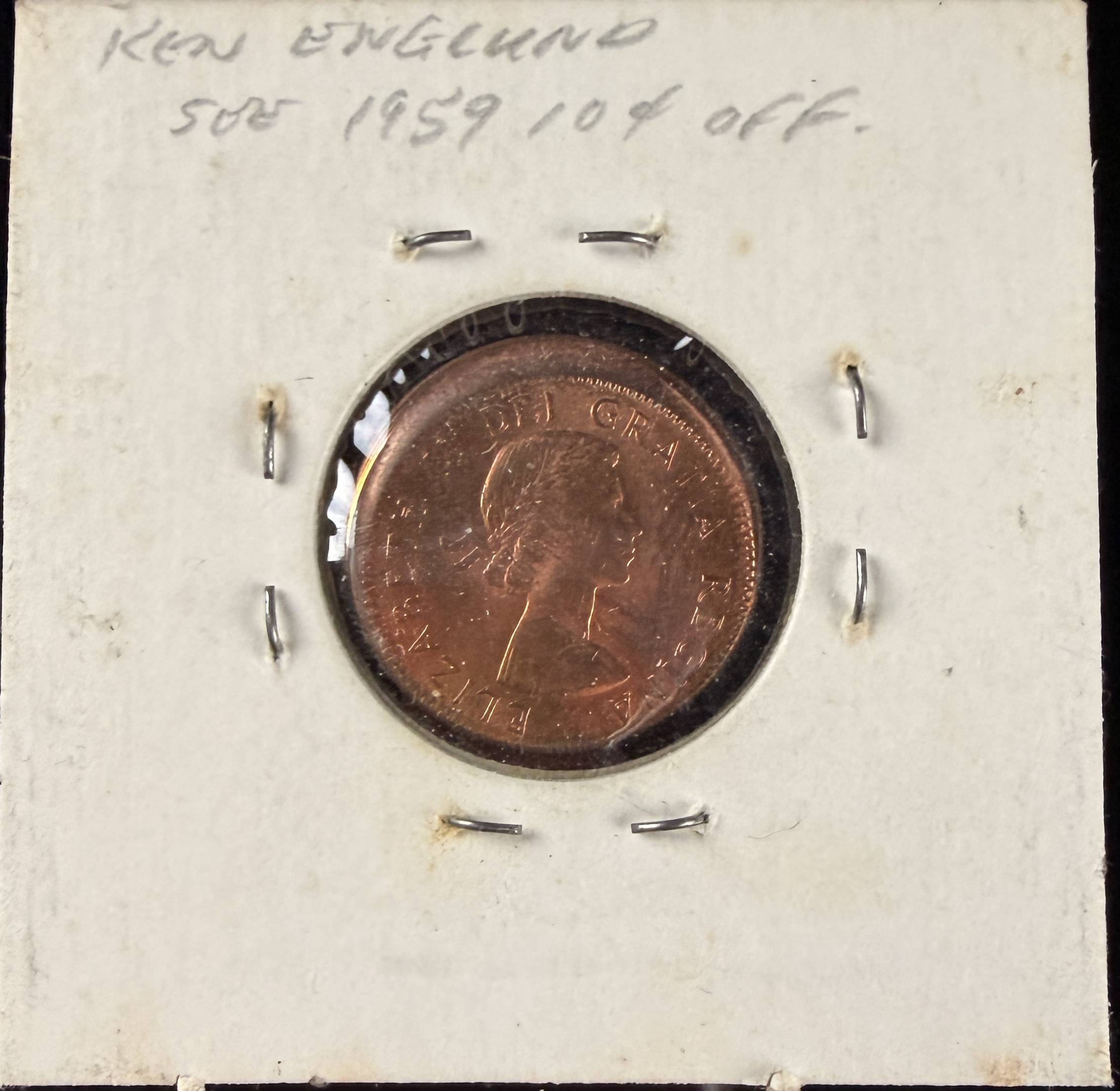 1961 CA 1-Cent Bronze Coin, Off-Center Strike Error