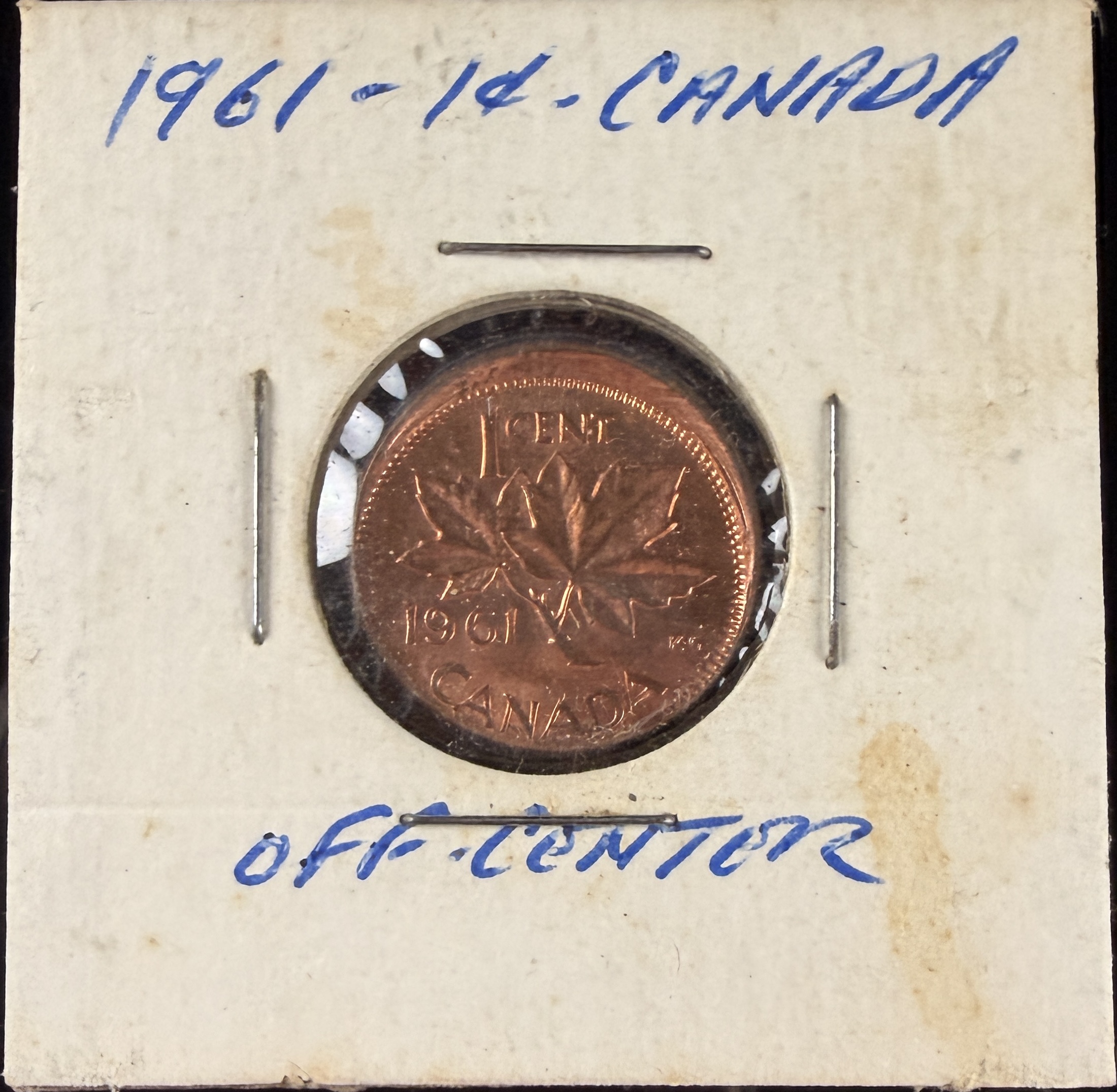 1961 CA 1-Cent Bronze Coin, Off-Center Strike Error