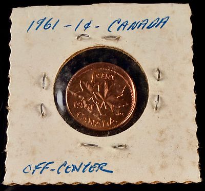 1961 CAN 1 Cent Error Coin, Off-Center Strike. This 1961 Canadian 1 cent error coin (KM# 59) is 