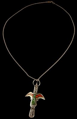 Navajo Sterling Silver Chip Inlay Waterbird Pendant Necklace. This necklace features a pendant 