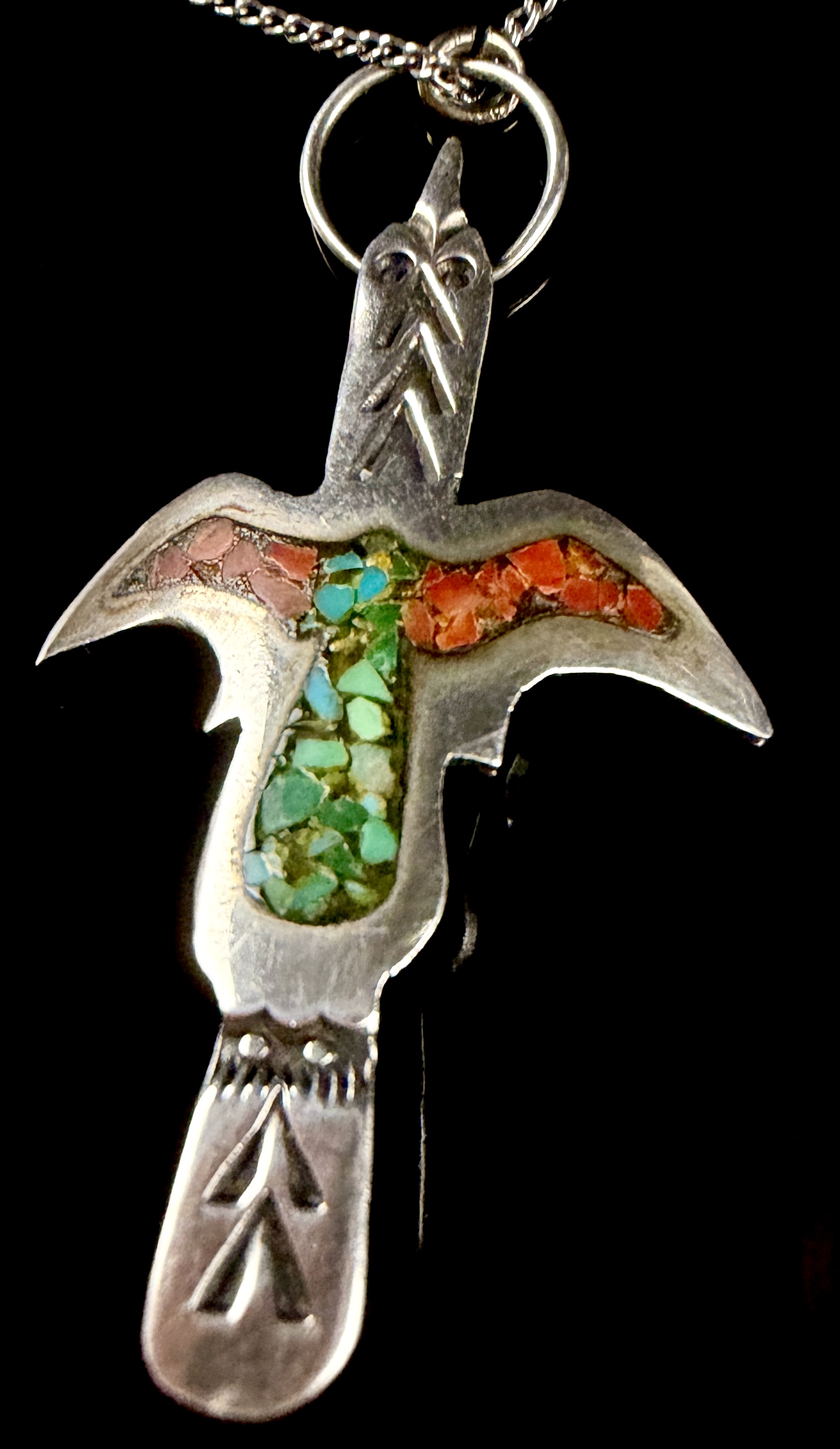 Navajo Sterling Silver Chip Inlay Waterbird Pendant Necklace