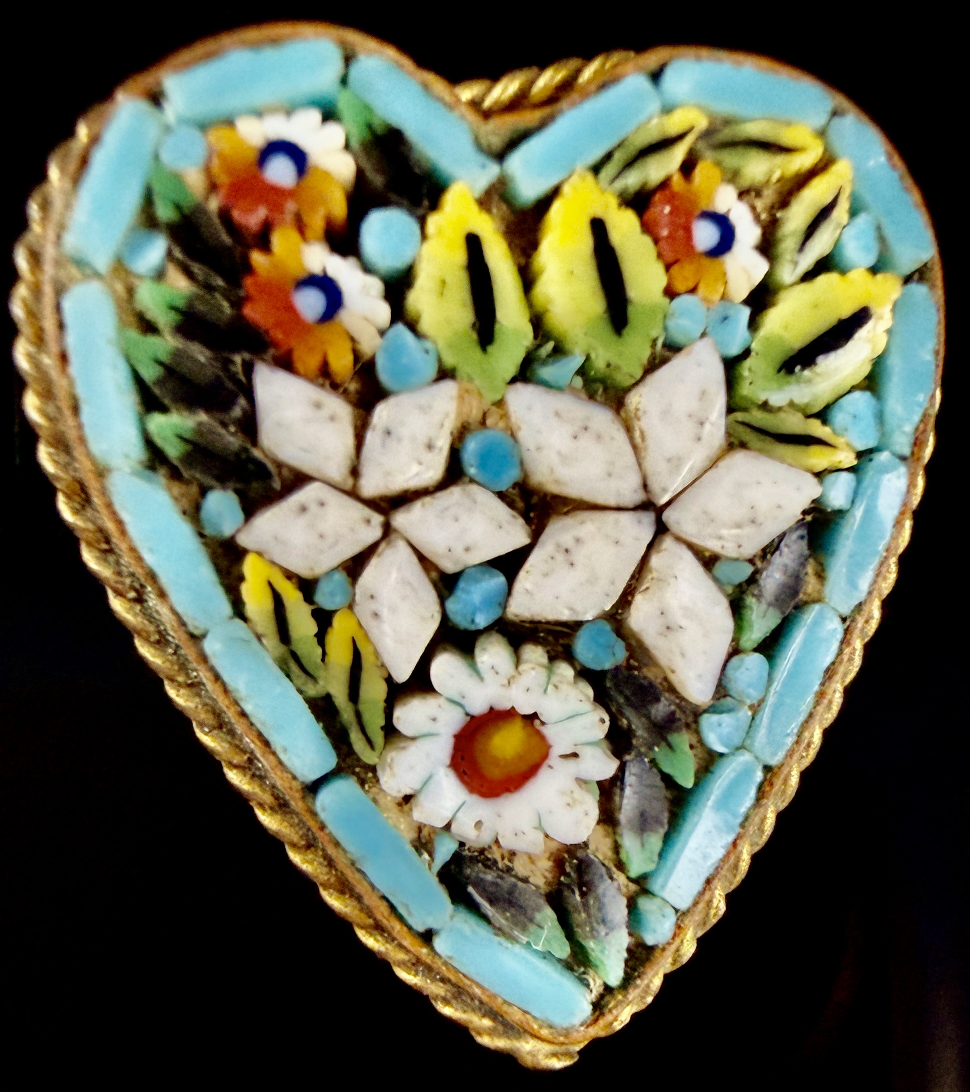 Vintage Italian Micro Mosaic Heart Floral Brooch