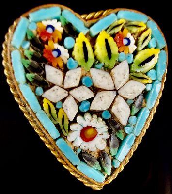 Vintage Italian Micro Mosaic Heart Floral Brooch. This heart-shaped brooch is crafted in the 