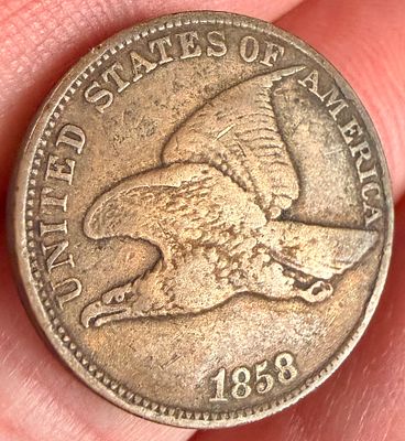 1858 US Flying Eagle Cent, Large Letters Variety. This 1858 US Flying Eagle cent (KM# 85) is the 