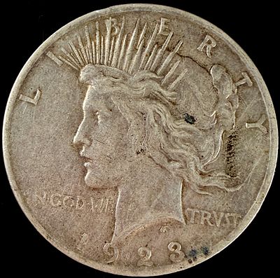 1923 US Peace Silver Dollar. 1923 US Peace silver dollar struck at the Philadelphia Mint. This 