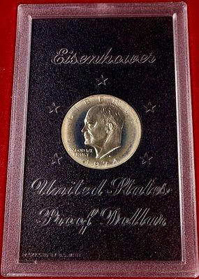 1974-S US Eisenhower 40% Silver Proof Dollar in Original Mint Holder. A 1974-S Eisenhower Dollar 