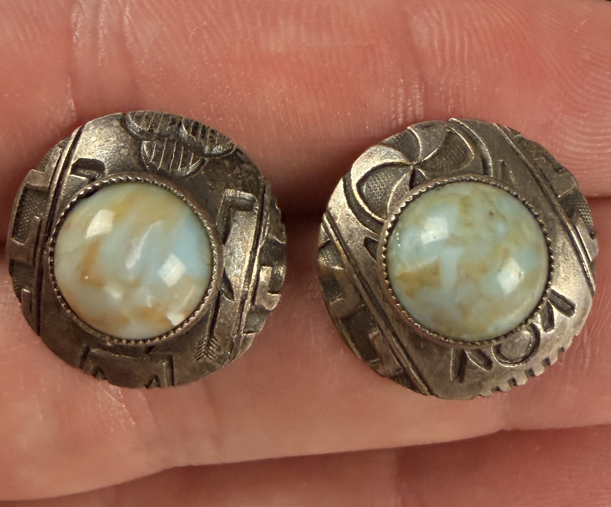 A Pair of Southwestern Style Silver Tone and Multi-Colored Stone Stud Earrings