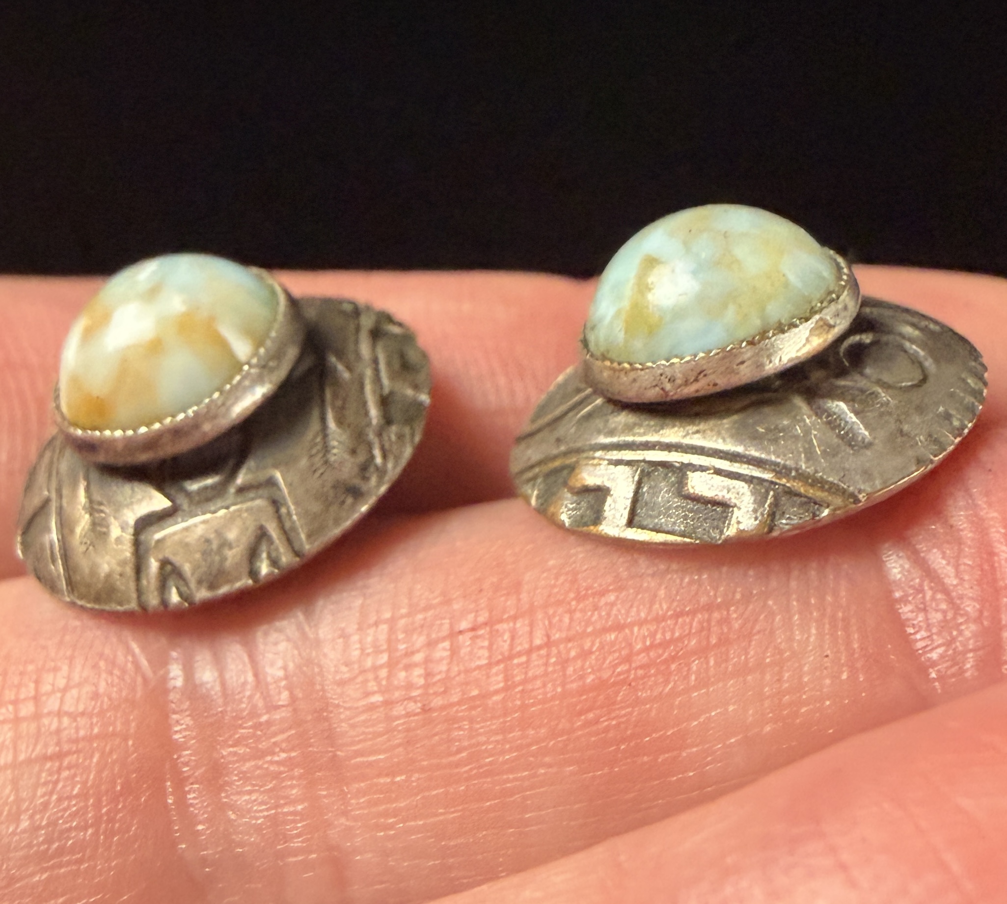A Pair of Southwestern Style Silver Tone and Multi-Colored Stone Stud Earrings