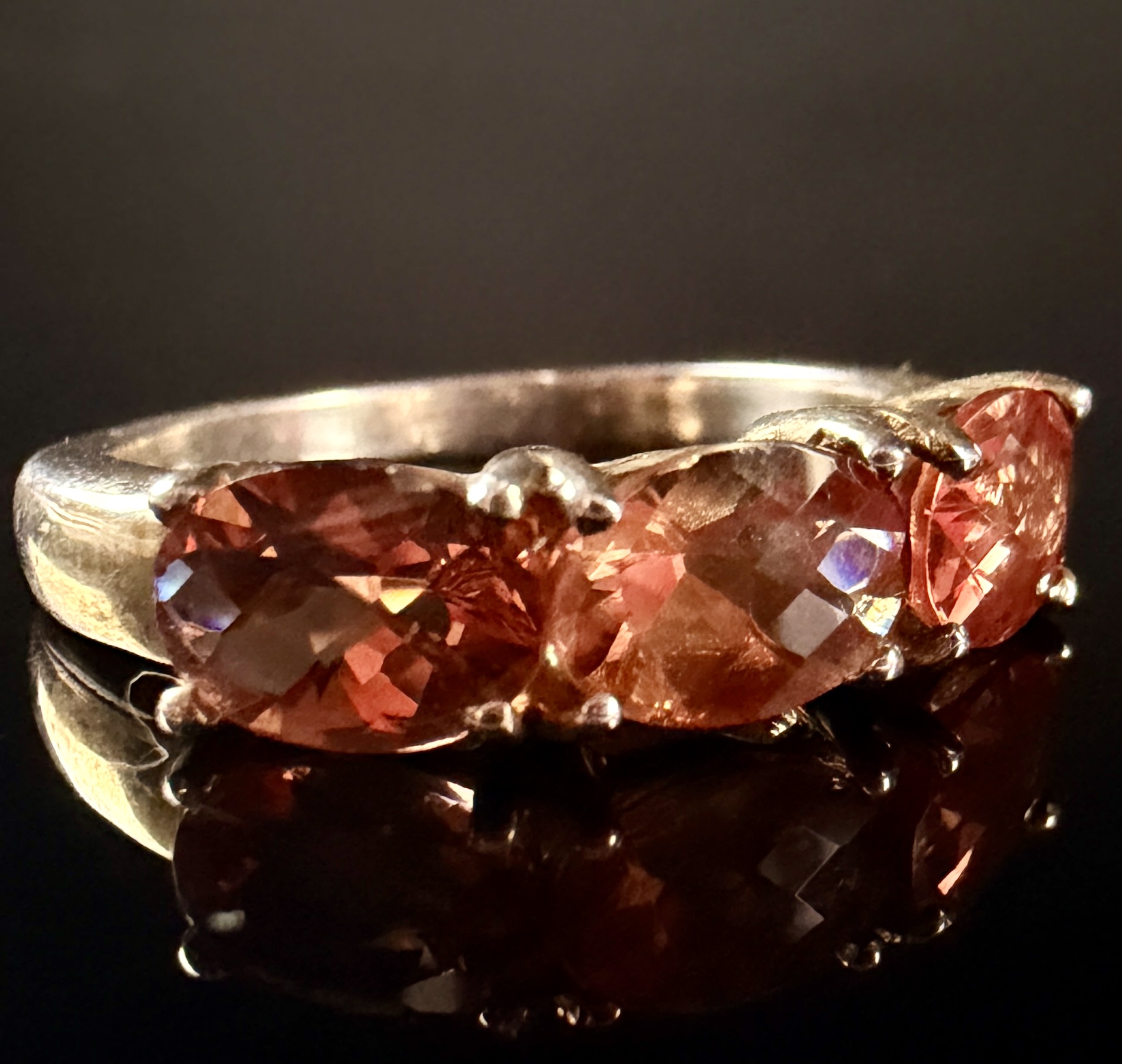 Three-Stone Oval-Cut Color-Shift Garnet Style Sterling Silver Ring