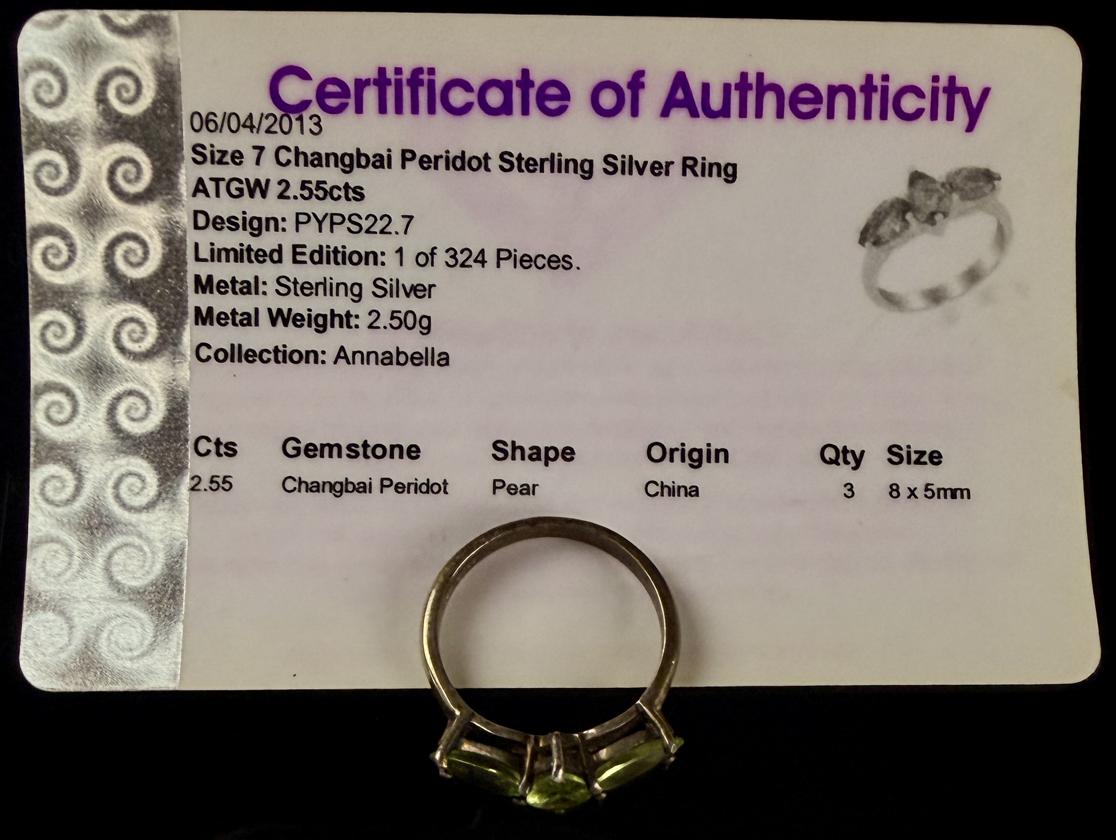TGGC Sterling Silver and Three Stone Changbai Peridot Annabella Ring