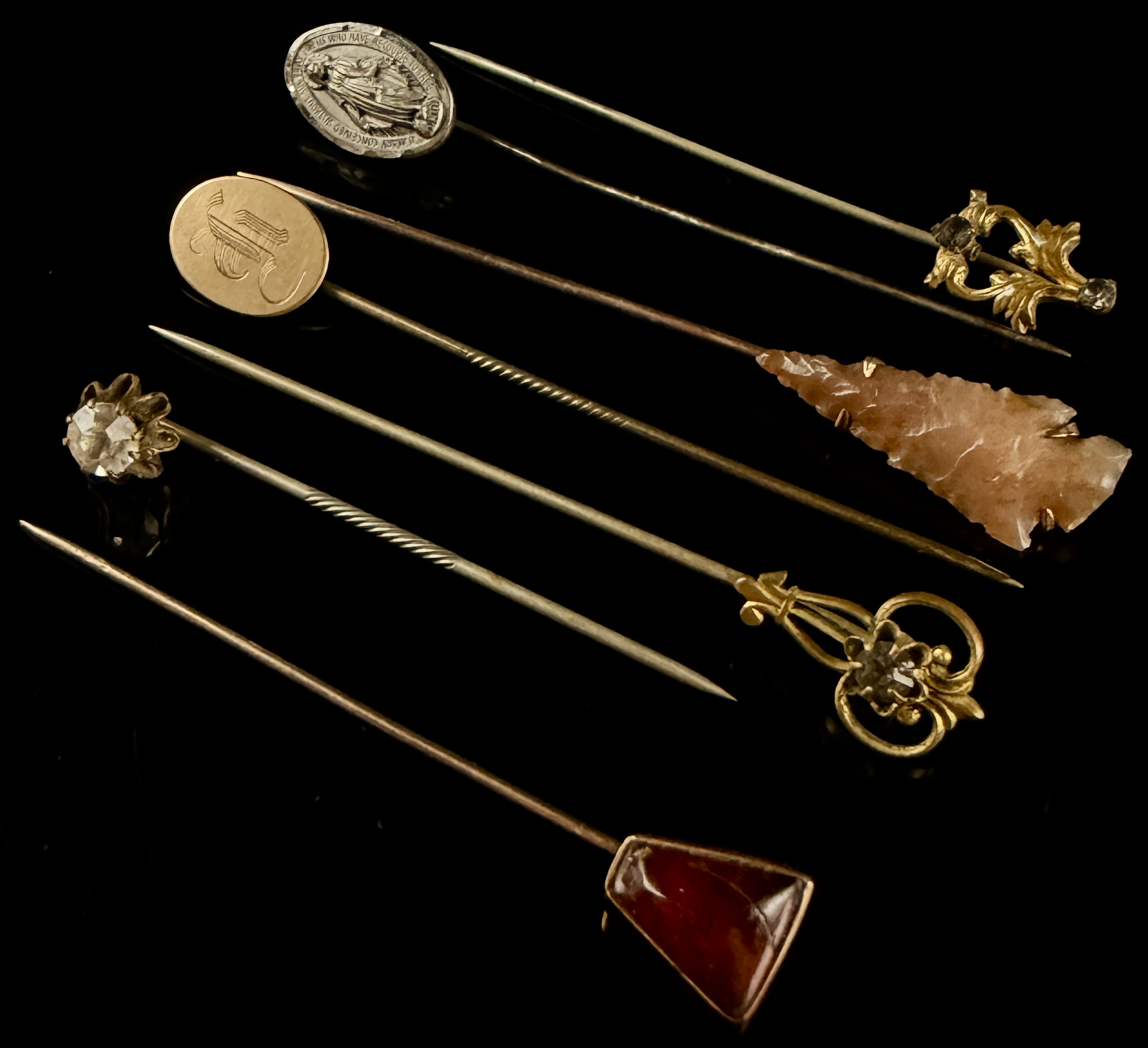 A Collection of Six Antique and Victorian Sterling Silver and Gold-Tone Metal Stick Pins