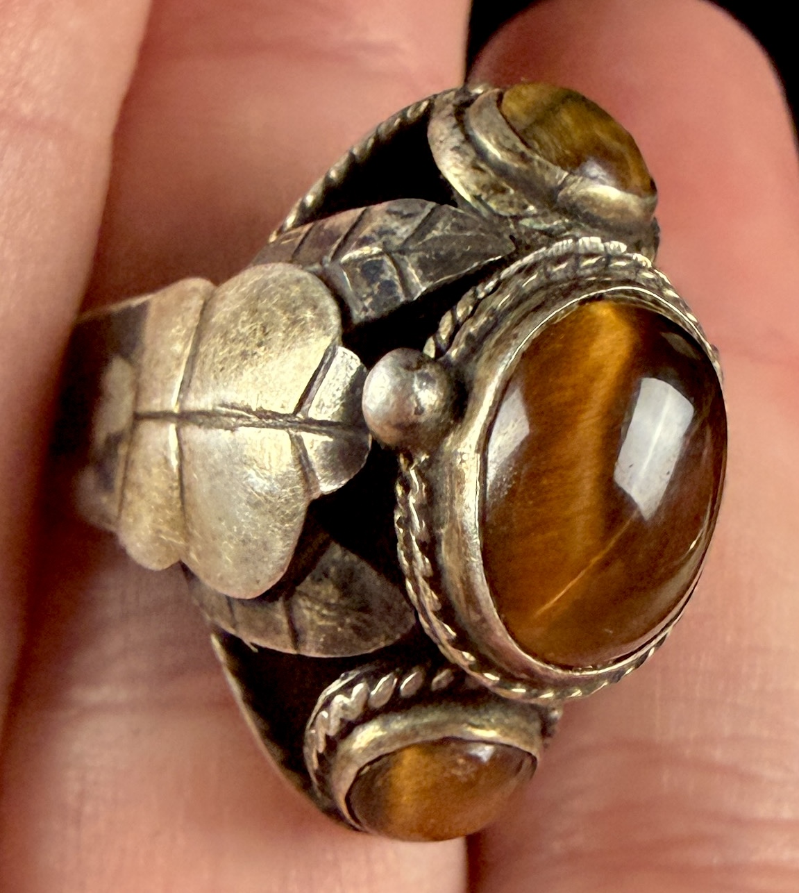 Vintage Taxco Mexican Sterling Silver and Tiger's Eye Poison Ring, AEH