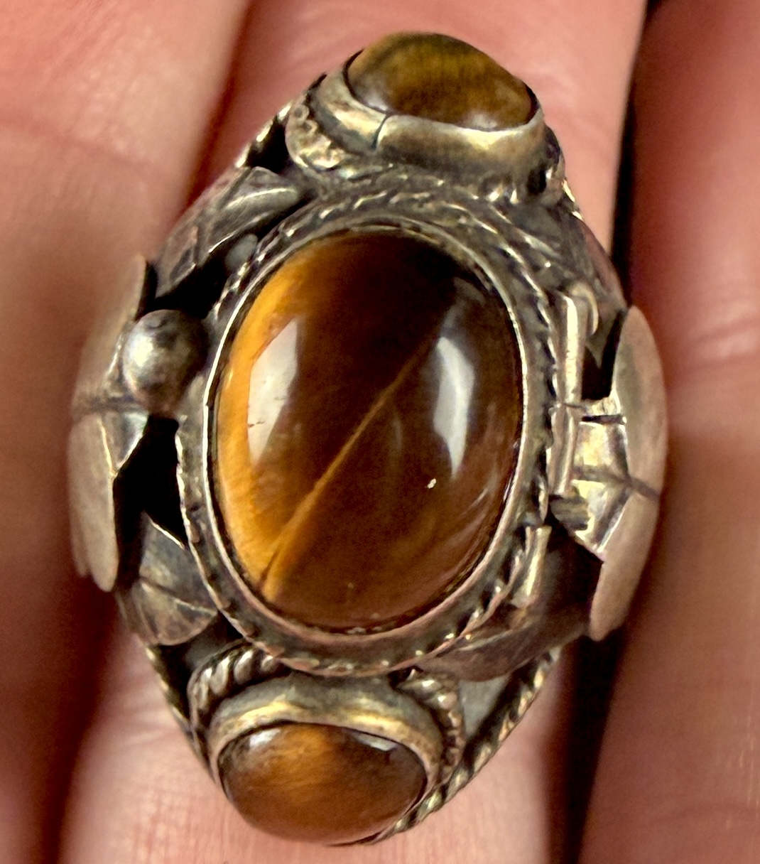 Vintage Taxco Mexican Sterling Silver and Tiger's Eye Poison Ring, AEH