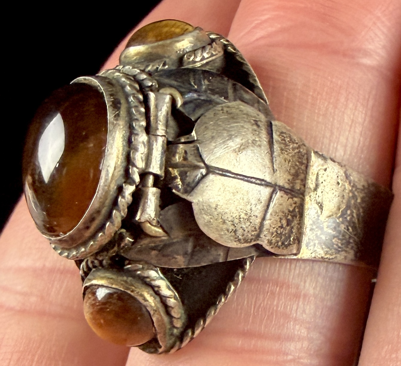 Vintage Taxco Mexican Sterling Silver and Tiger's Eye Poison Ring, AEH