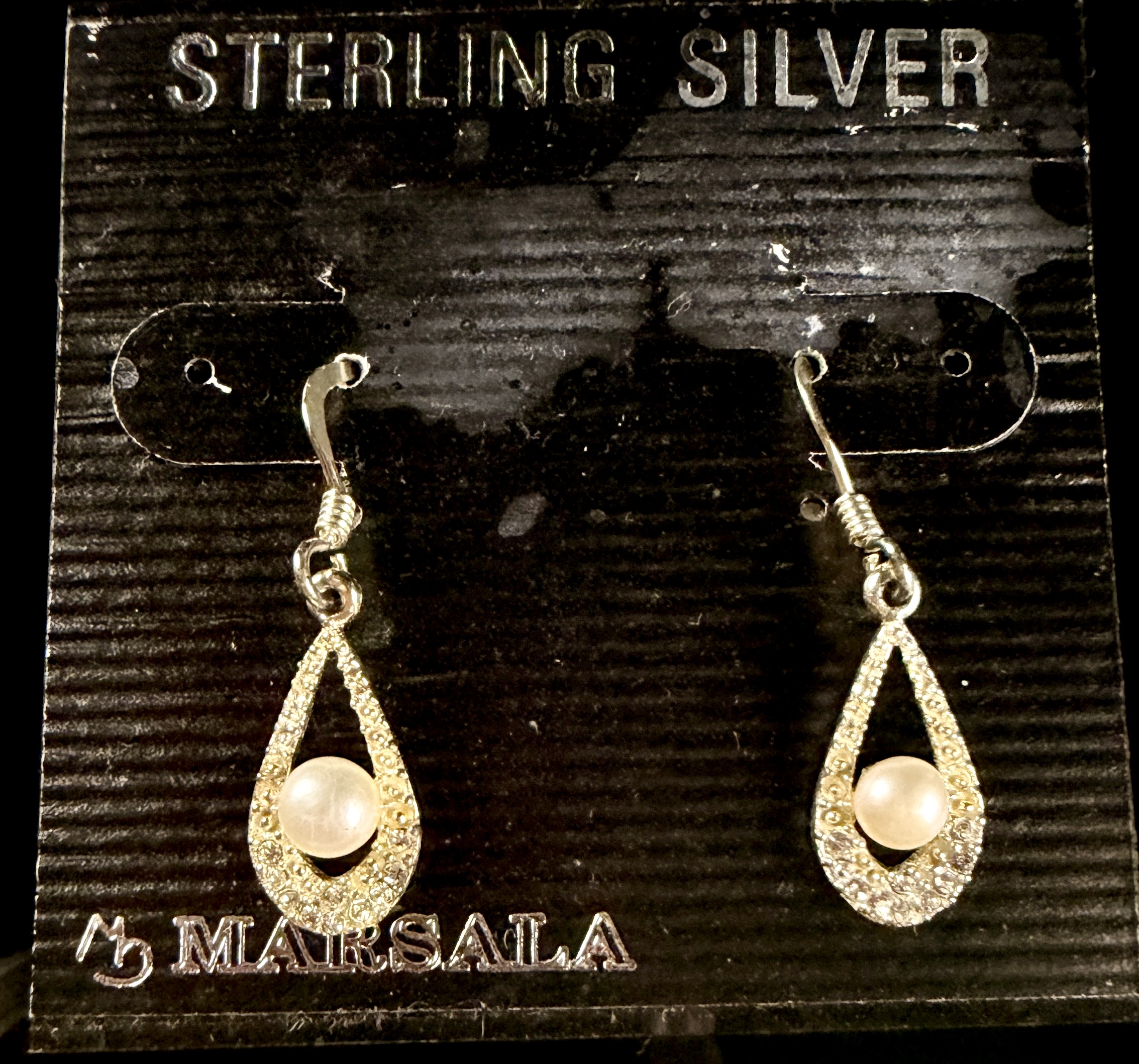 A Pair of Marsala Sterling Silver Pearl and Colorless Stone Teardrop Drop Earrings