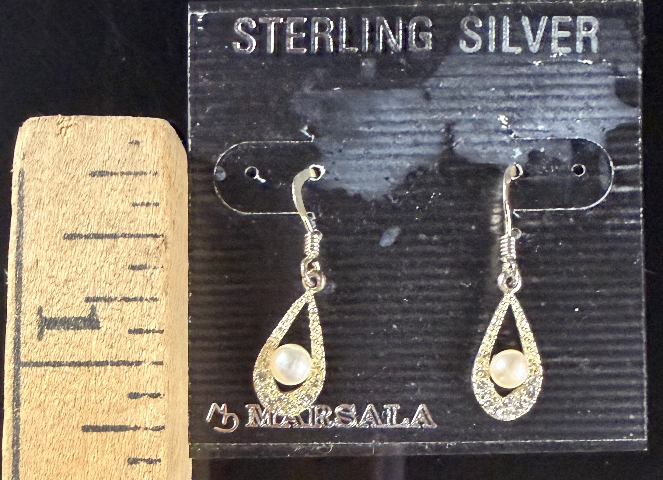 A Pair of Marsala Sterling Silver Pearl and Colorless Stone Teardrop Drop Earrings