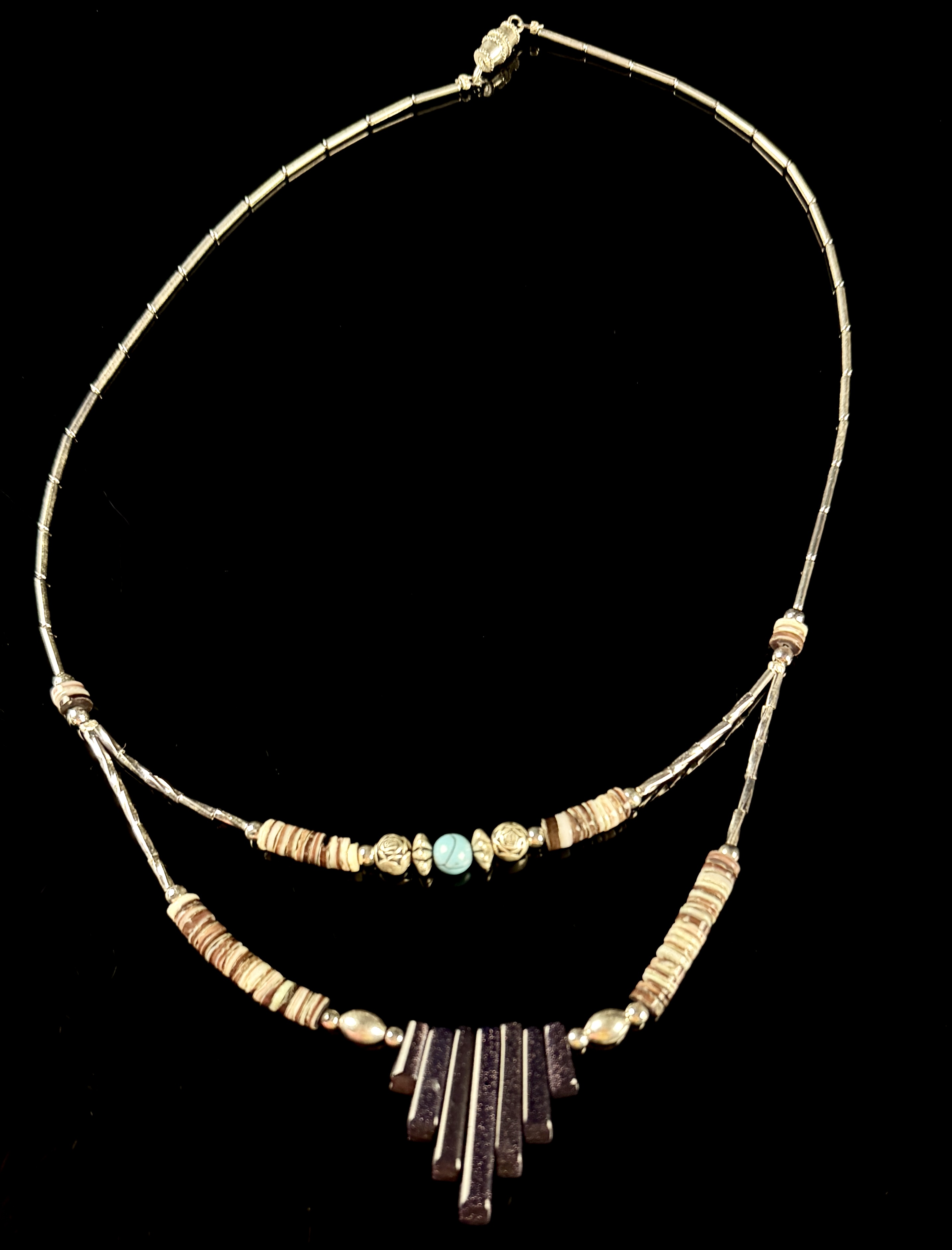 Two-Strand Southwest Style Liquid Silver and Heishi Bead Necklace with Goldstone Fan Pendant