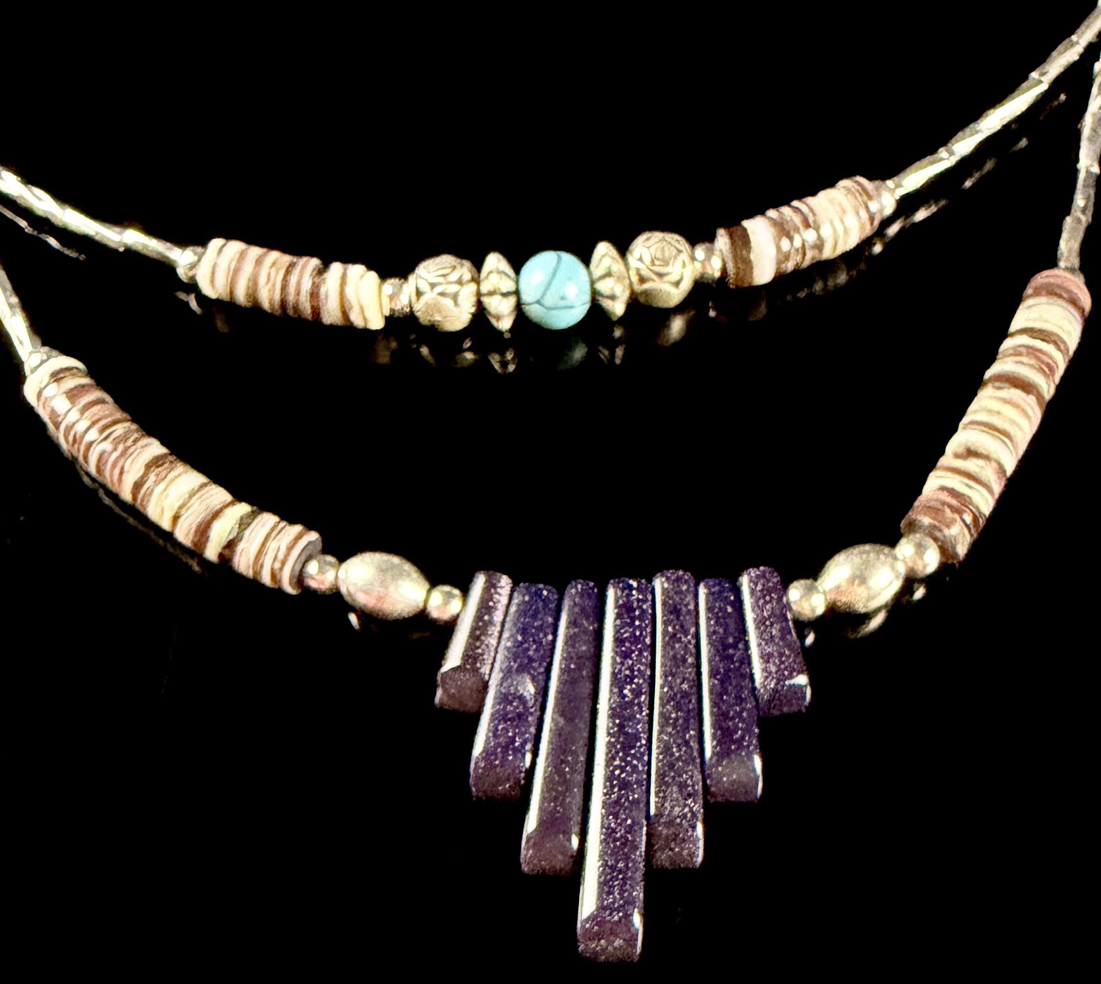 Two-Strand Southwest Style Liquid Silver and Heishi Bead Necklace with Goldstone Fan Pendant