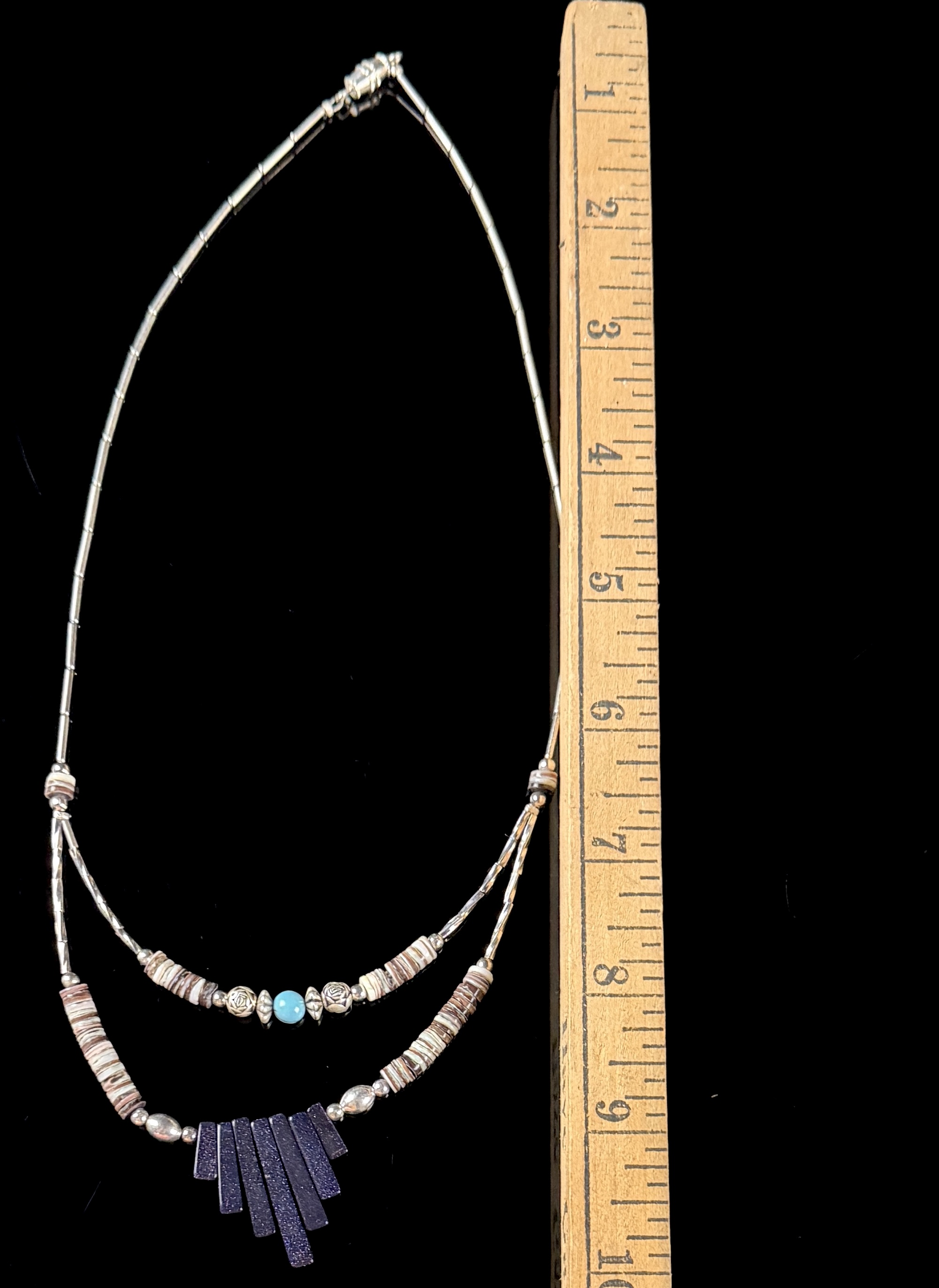 Two-Strand Southwest Style Liquid Silver and Heishi Bead Necklace with Goldstone Fan Pendant