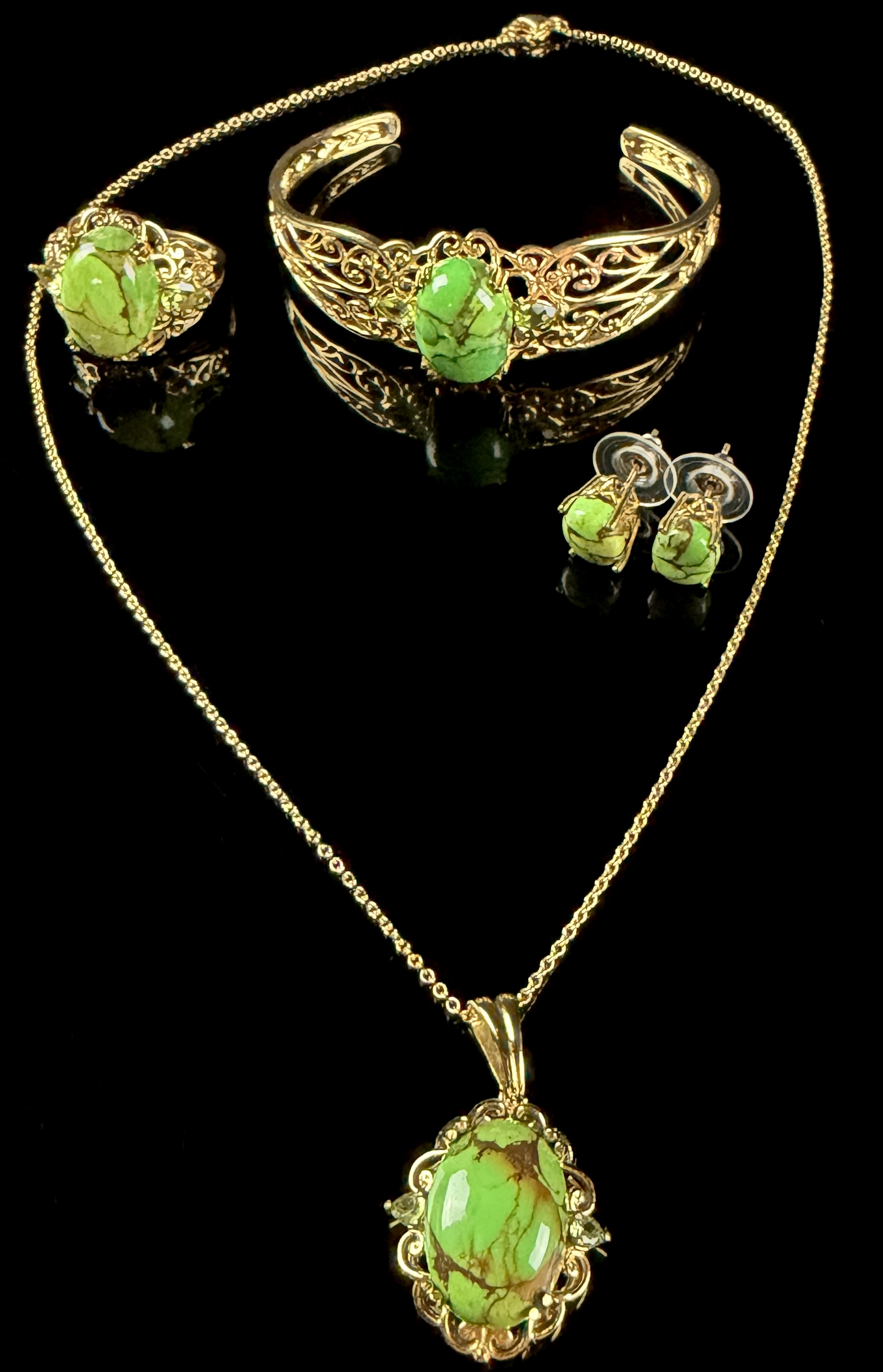 A Karis Gold-Toned Sterling Silver and Green Turquoise Jewelry Set