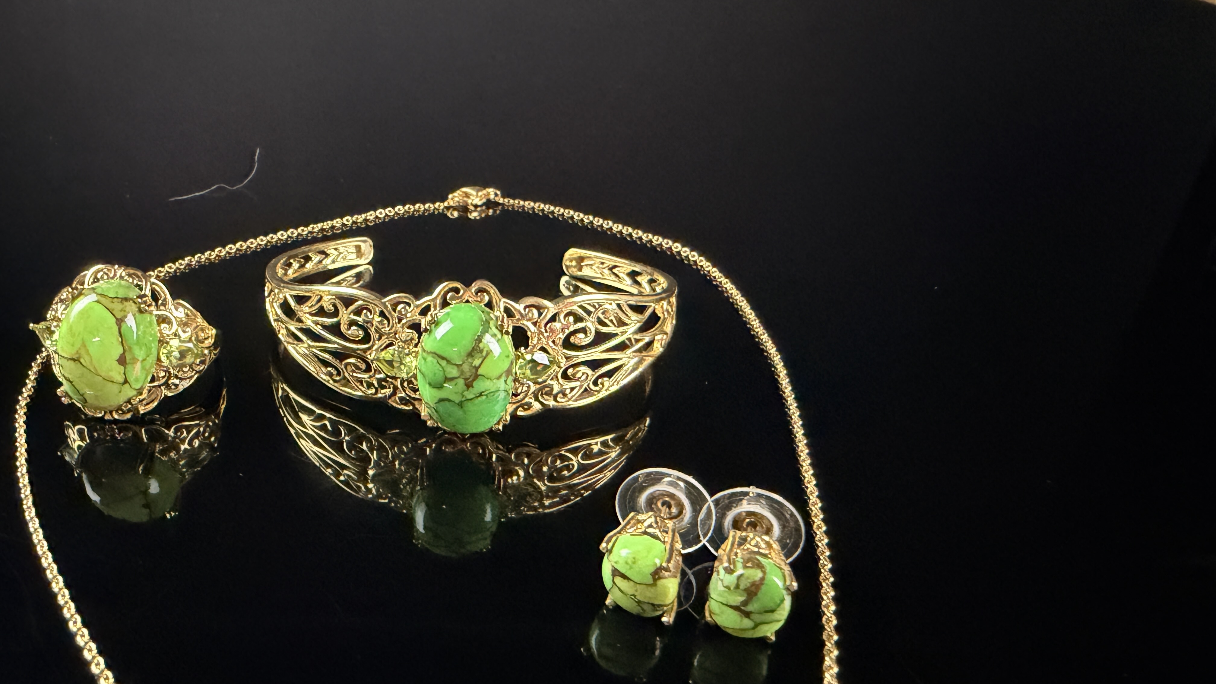 A Karis Gold-Toned Sterling Silver and Green Turquoise Jewelry Set