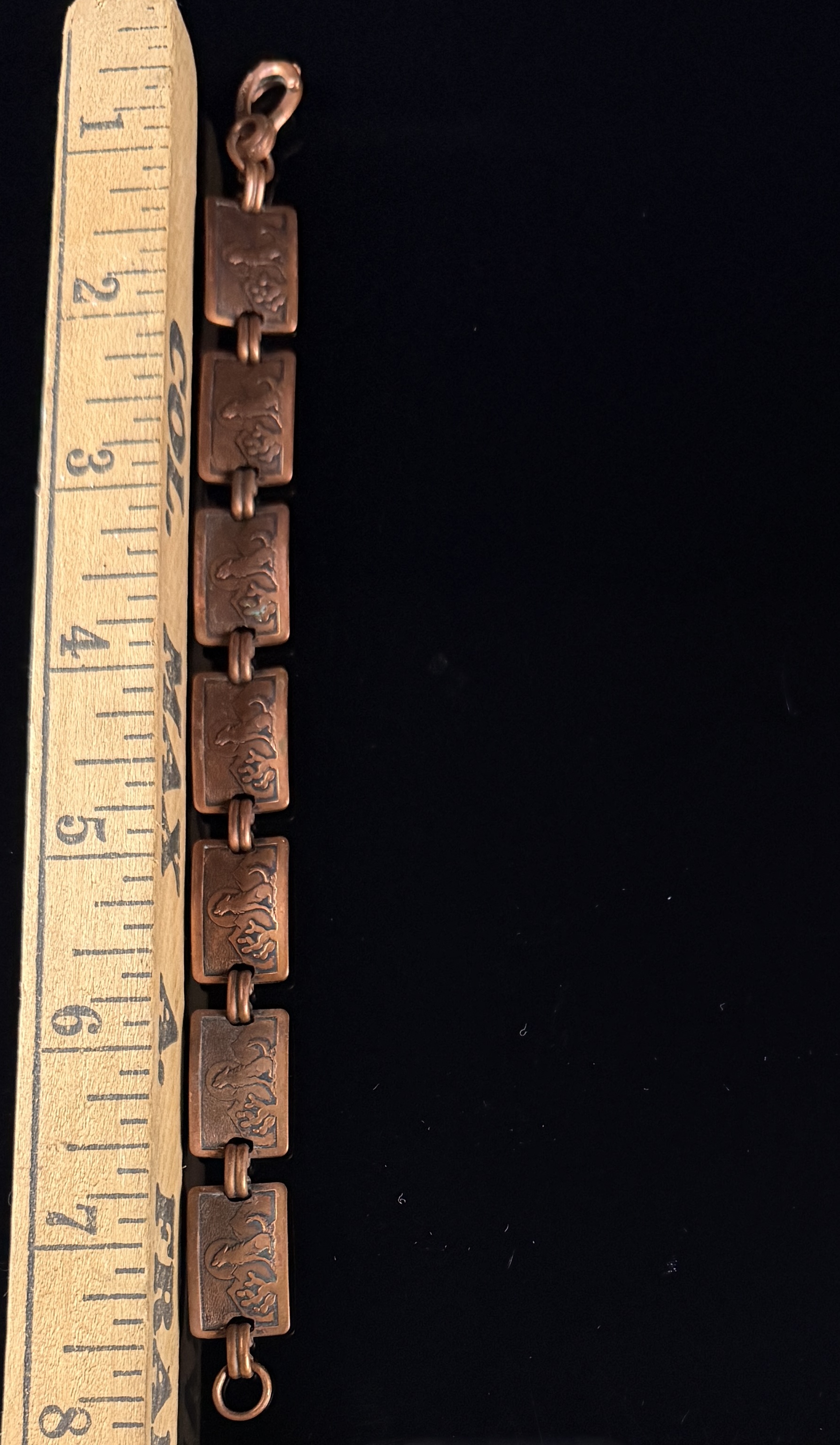 Vintage Southwestern Copper Panel Link Bracelet with Howling Coyote Motif