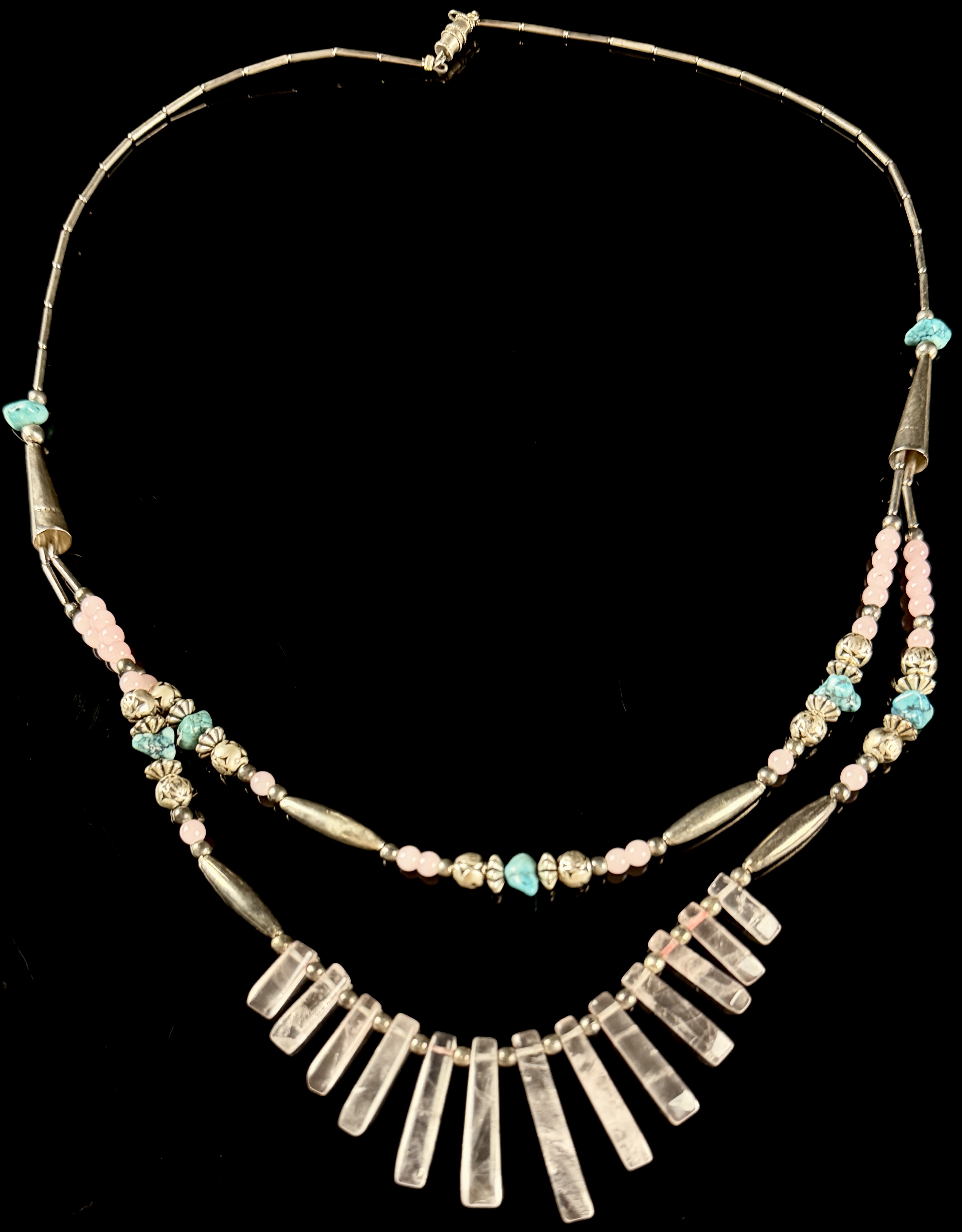 Vintage Southwestern-Style Sterling Silver Rose Quartz and Turquoise Double-Strand Necklace