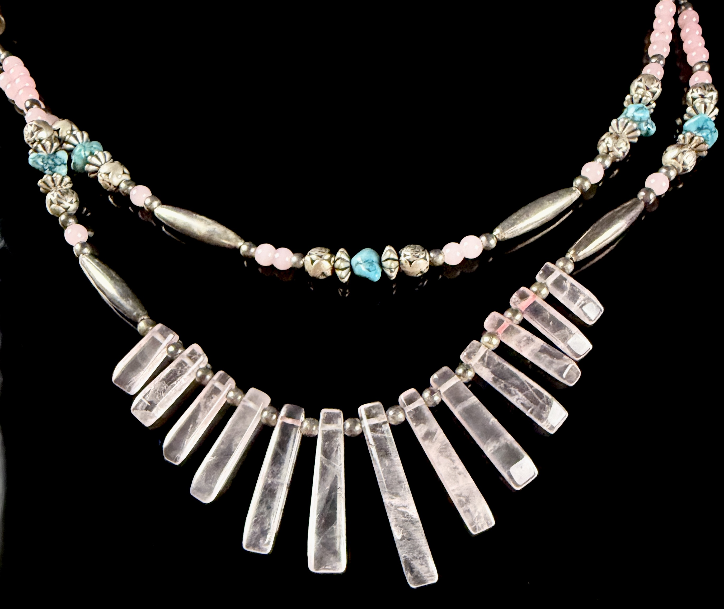 Vintage Southwestern-Style Sterling Silver Rose Quartz and Turquoise Double-Strand Necklace