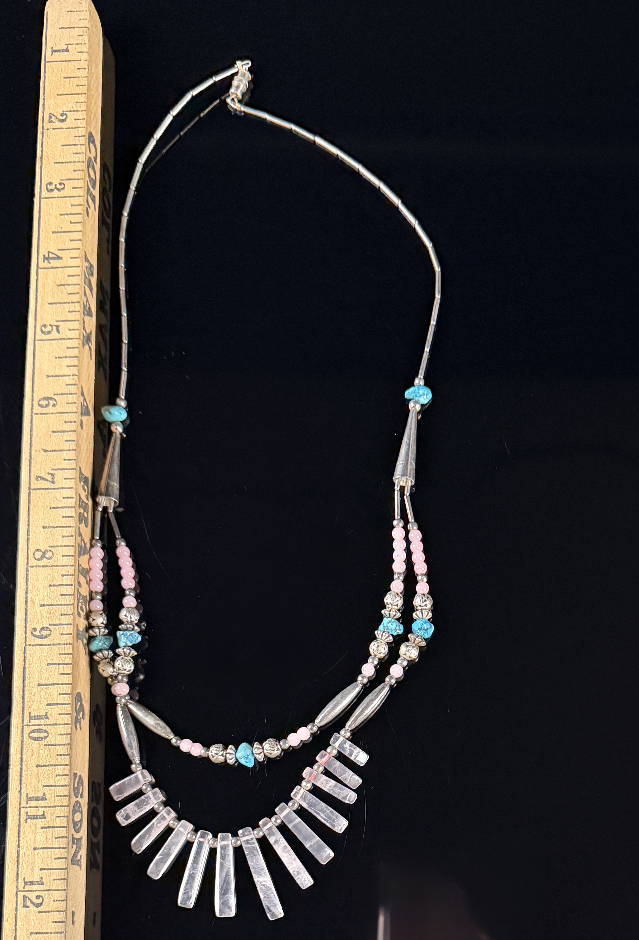 Vintage Southwestern-Style Sterling Silver Rose Quartz and Turquoise Double-Strand Necklace